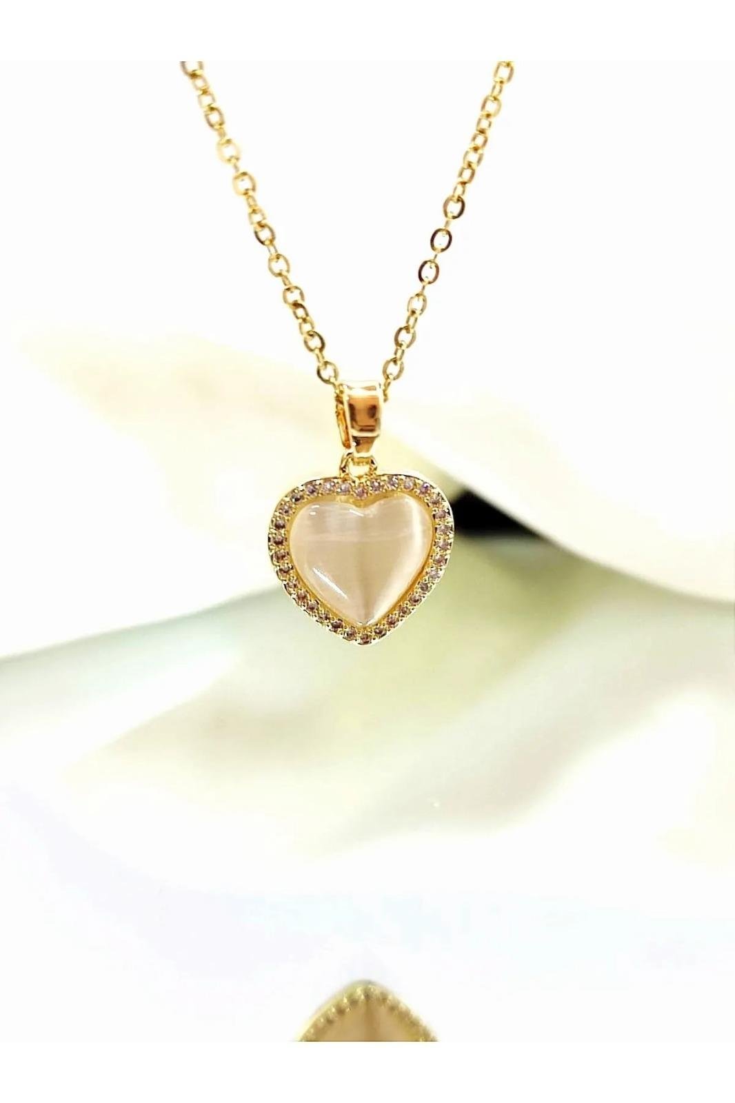 Sedefli Kalp Zirkon Taşlı Çelik Kolye 316L