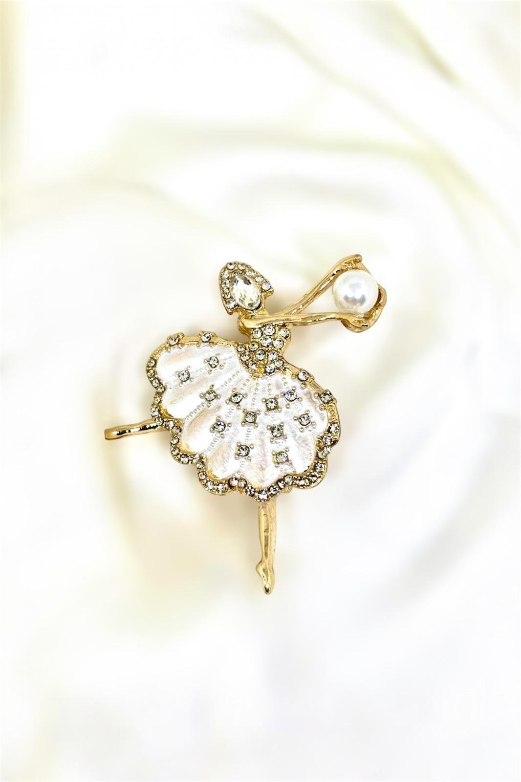 Zirkon Taş Ve İnci Detaylı Balerin Broş Yaka İğnesi