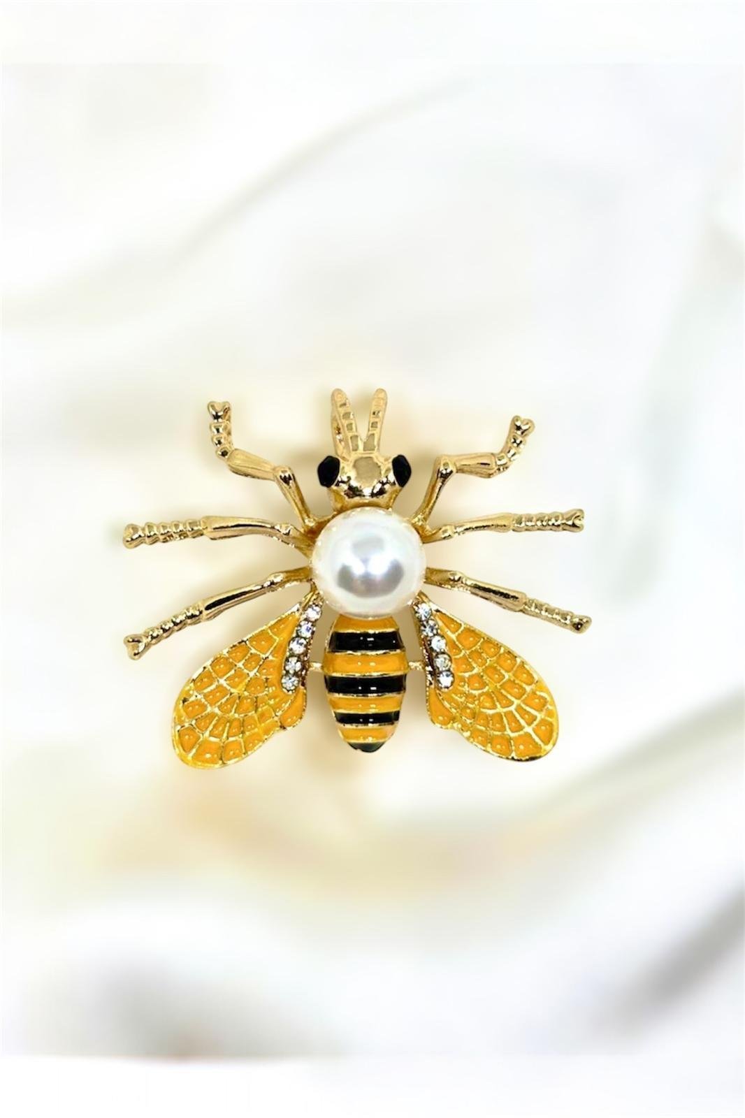 Zirkon Taşlı İnci Detaylı Kraliçe Arı Broş Yaka İğnesi