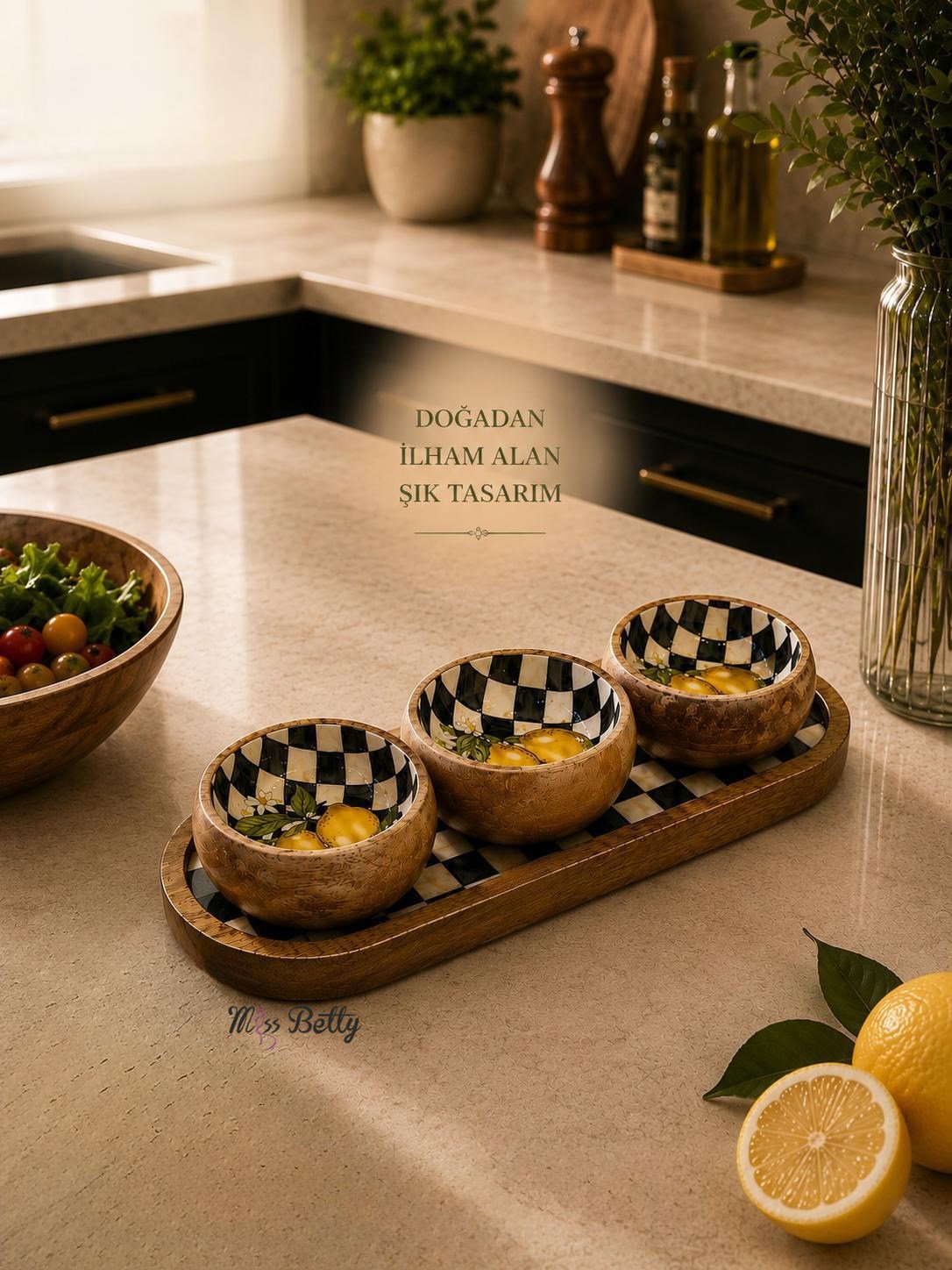 Linda 3 Kaseli Ahşap Oval Sunum Tepsisi Meze Sos ve Kahvaltılık Servis Seti