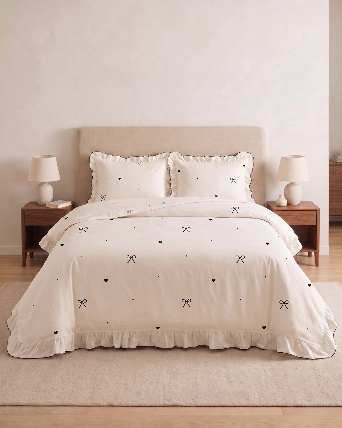 Celina Premium Fırfırlı&Fiyonklu Çift Kişilik Nevresim Seti / %100 Pamuklu