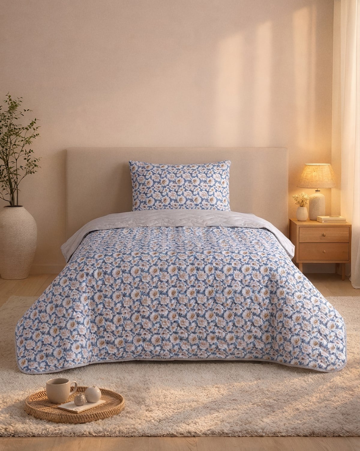 Tek Kişilik Pamuklu Kapitone Çok Amaçlı Pike & Yatak Örtüsü / Soft Mavi