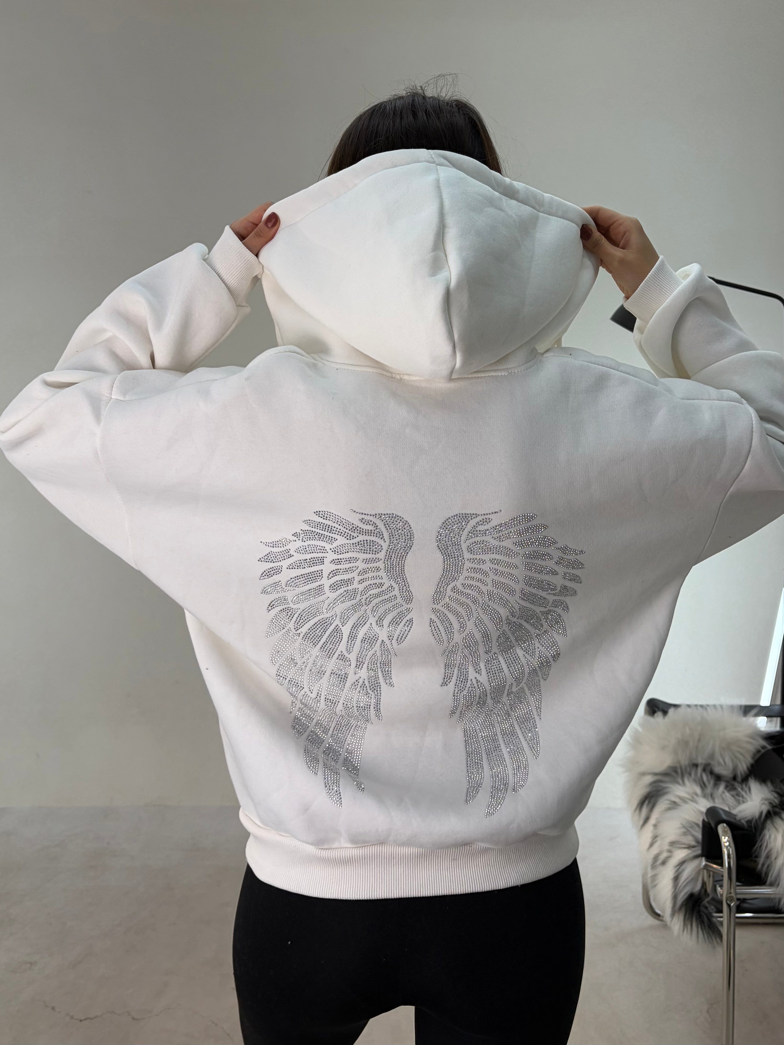 Beyaz Fermuarlı Melek Sweat SWEATSHİRT - Taksim Butik