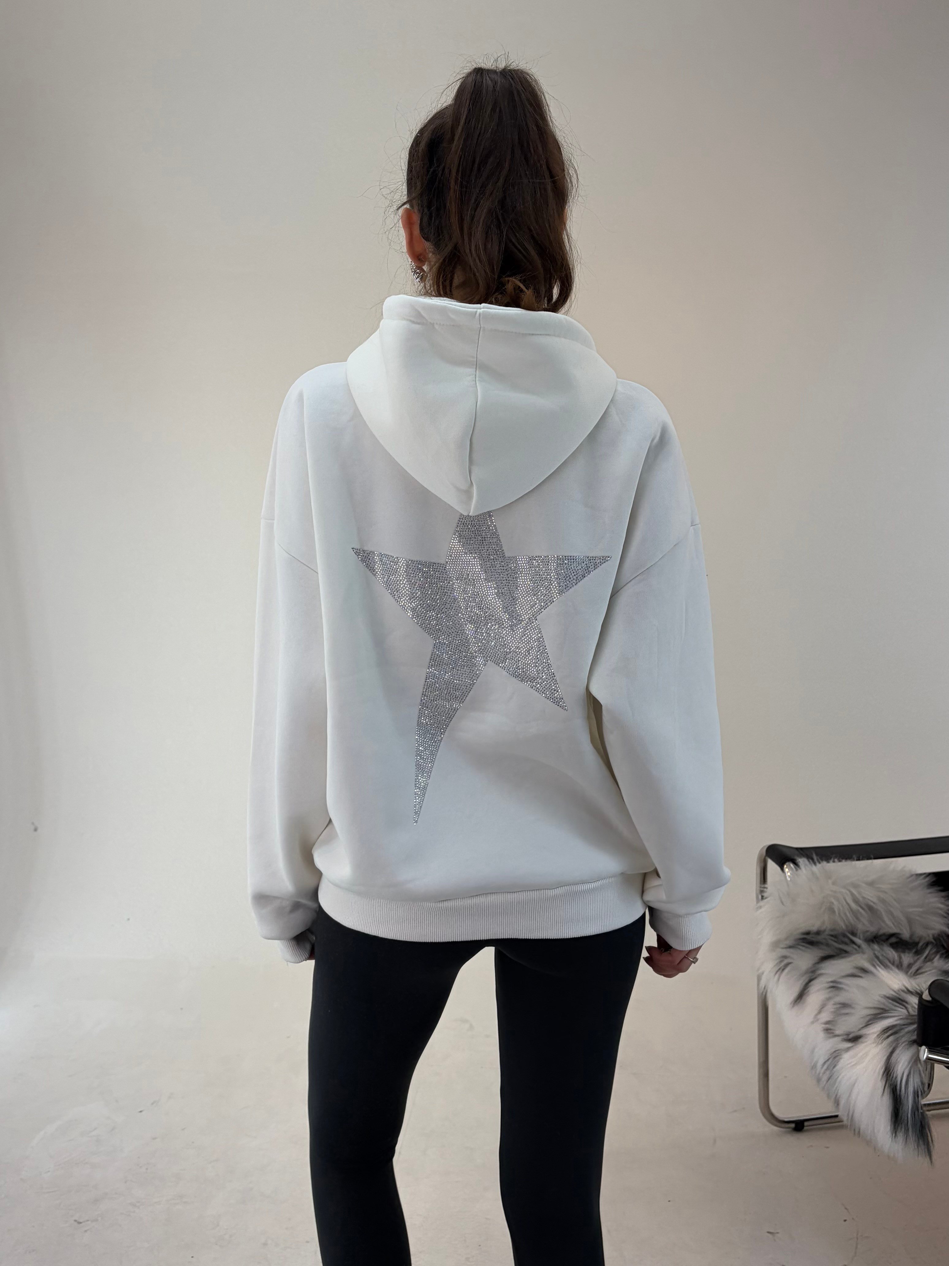 Beyaz Yıldız Baskılı Taşlı Sweat SWEATSHİRT - Taksim Butik