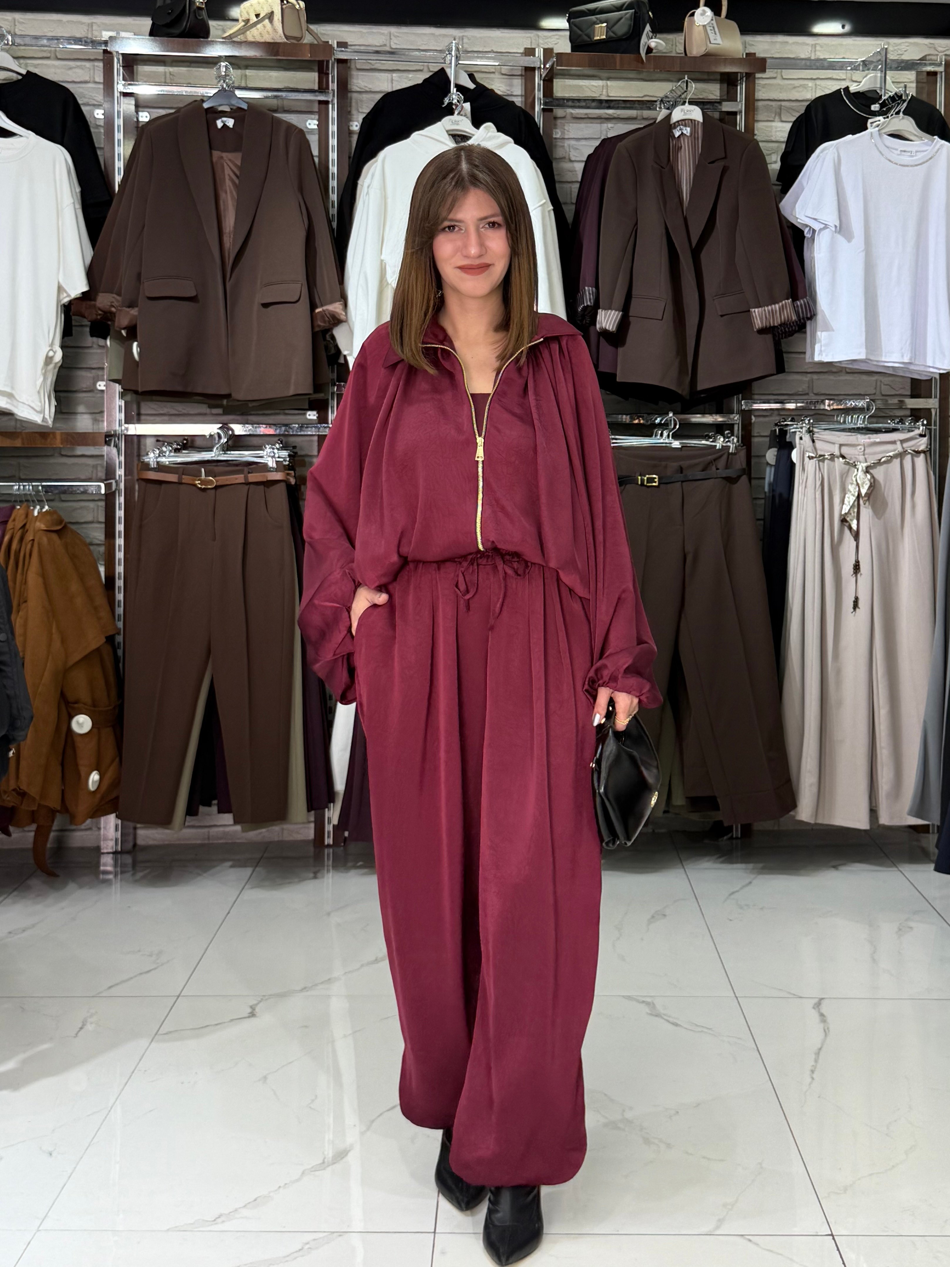 Bomber Ceketli Bordo Saten Takım 