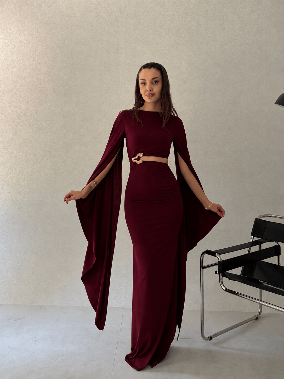 Bordo Şal Kol Detaylı Elbise