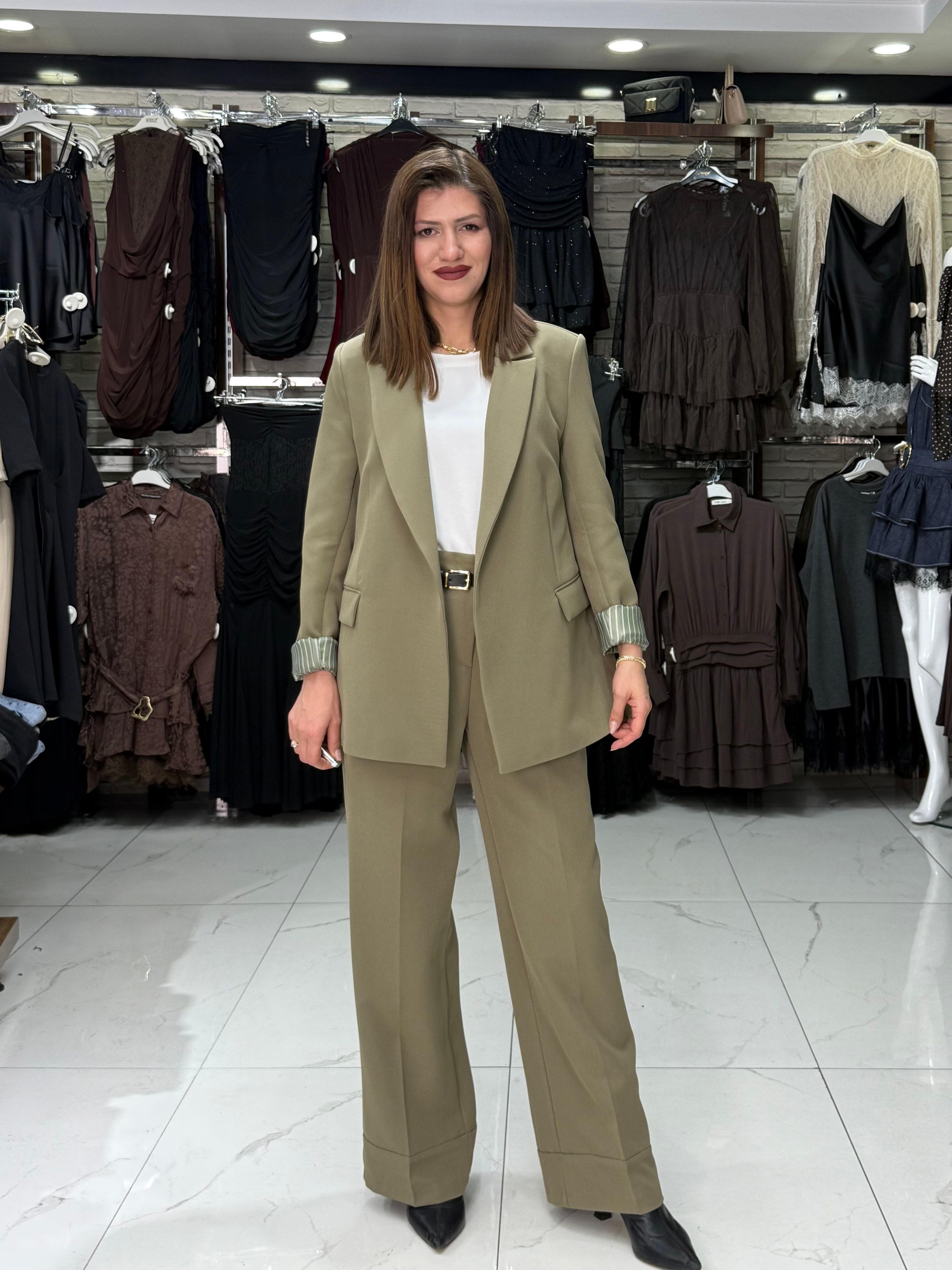 Çizgili Astarlı  Yağ Yeşili Blazer