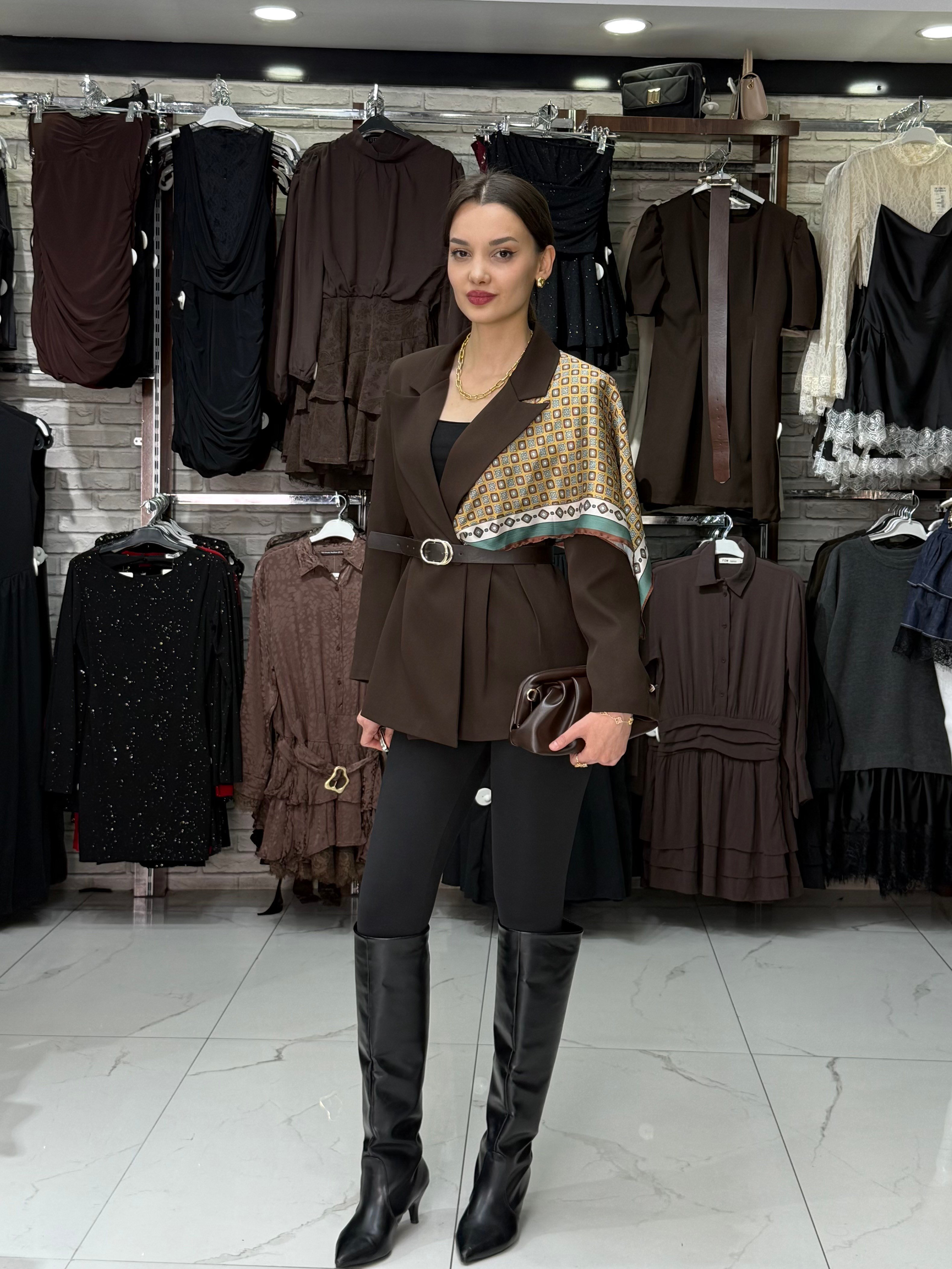 Fularlı Kahve Blazer Ceket