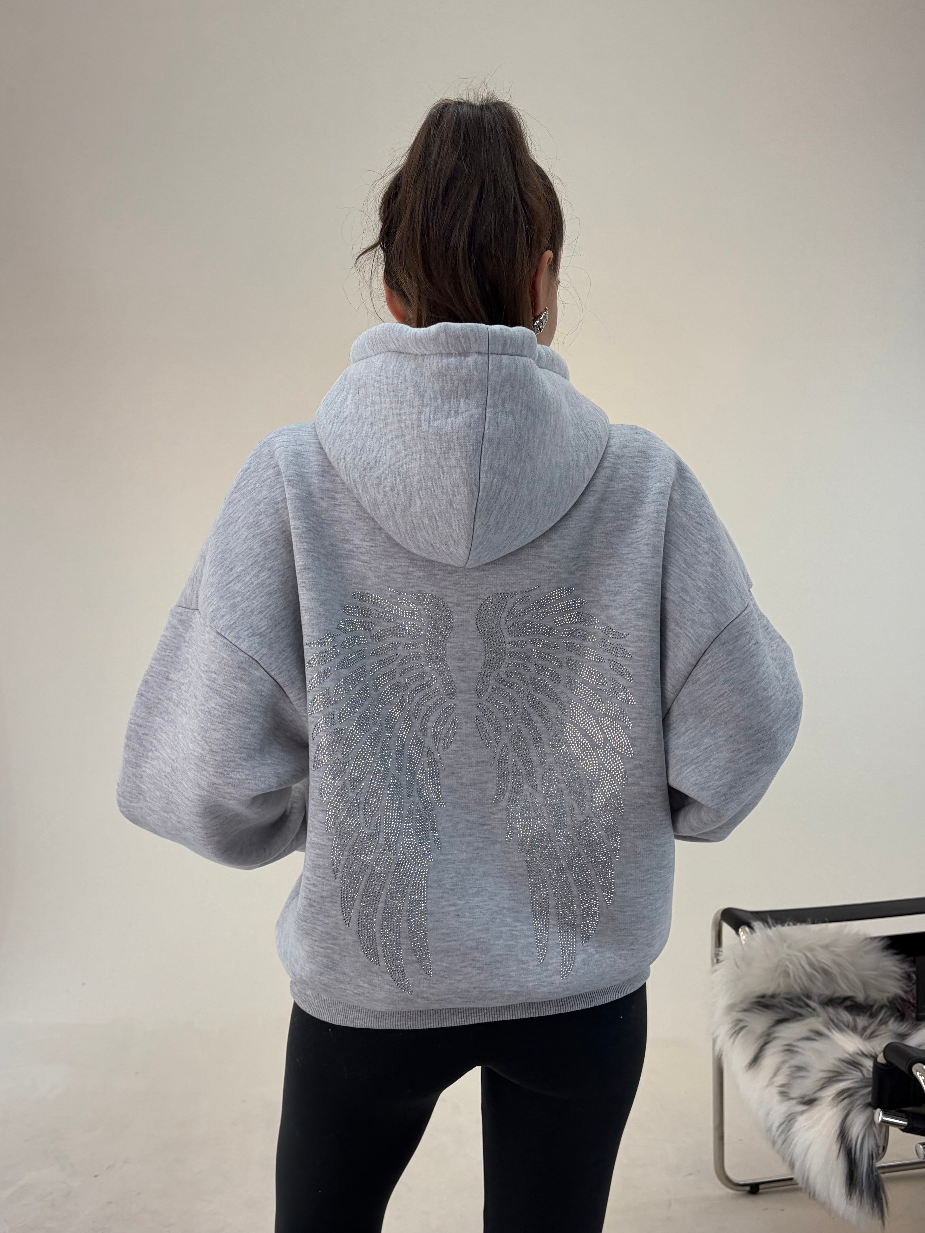 Gri Angel Taşlı Sweat SWEATSHİRT - Taksim Butik