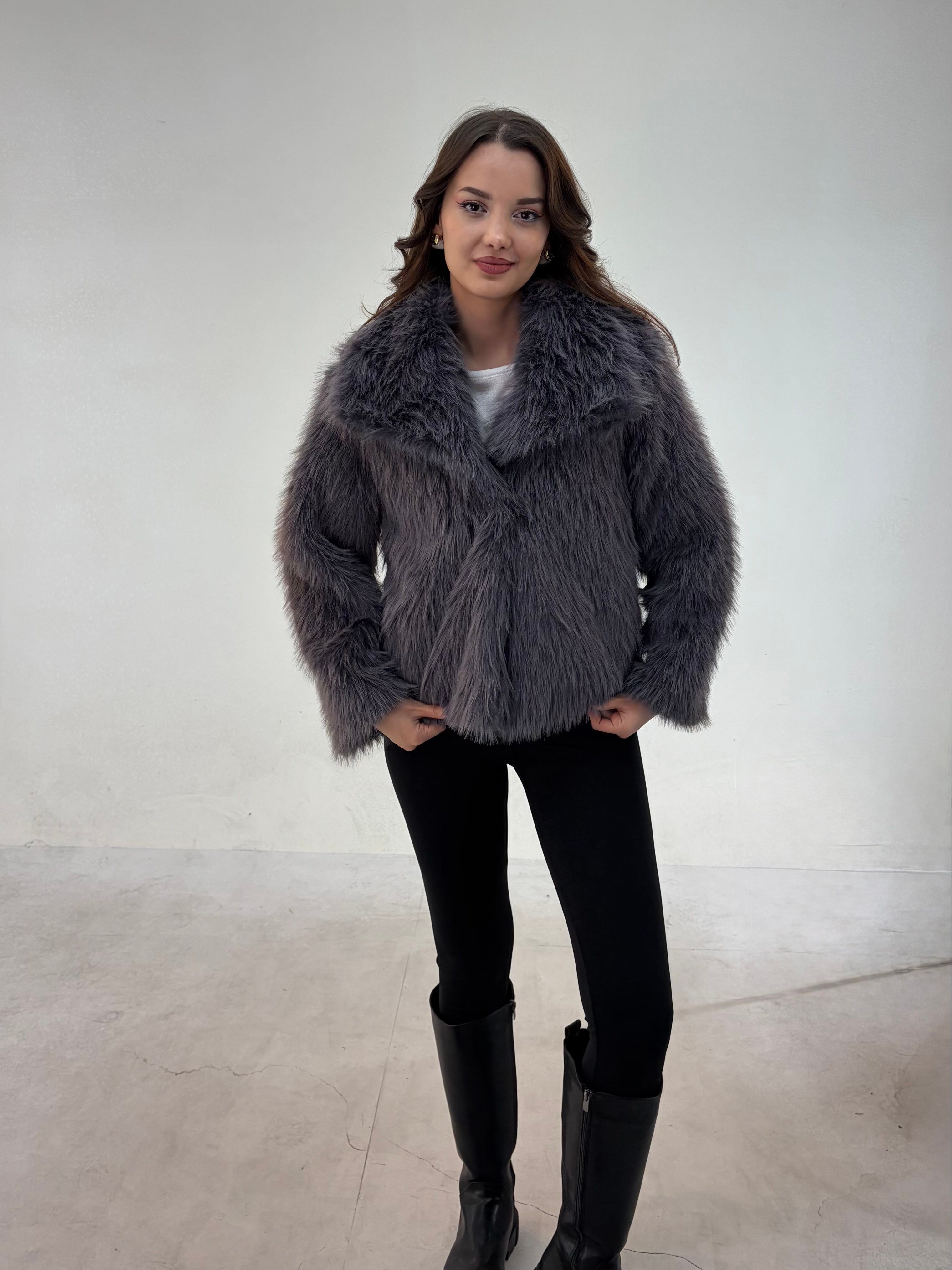 Gri Peluş Kürk Kaban KABAN & MONT & CEKET - Taksim Butik