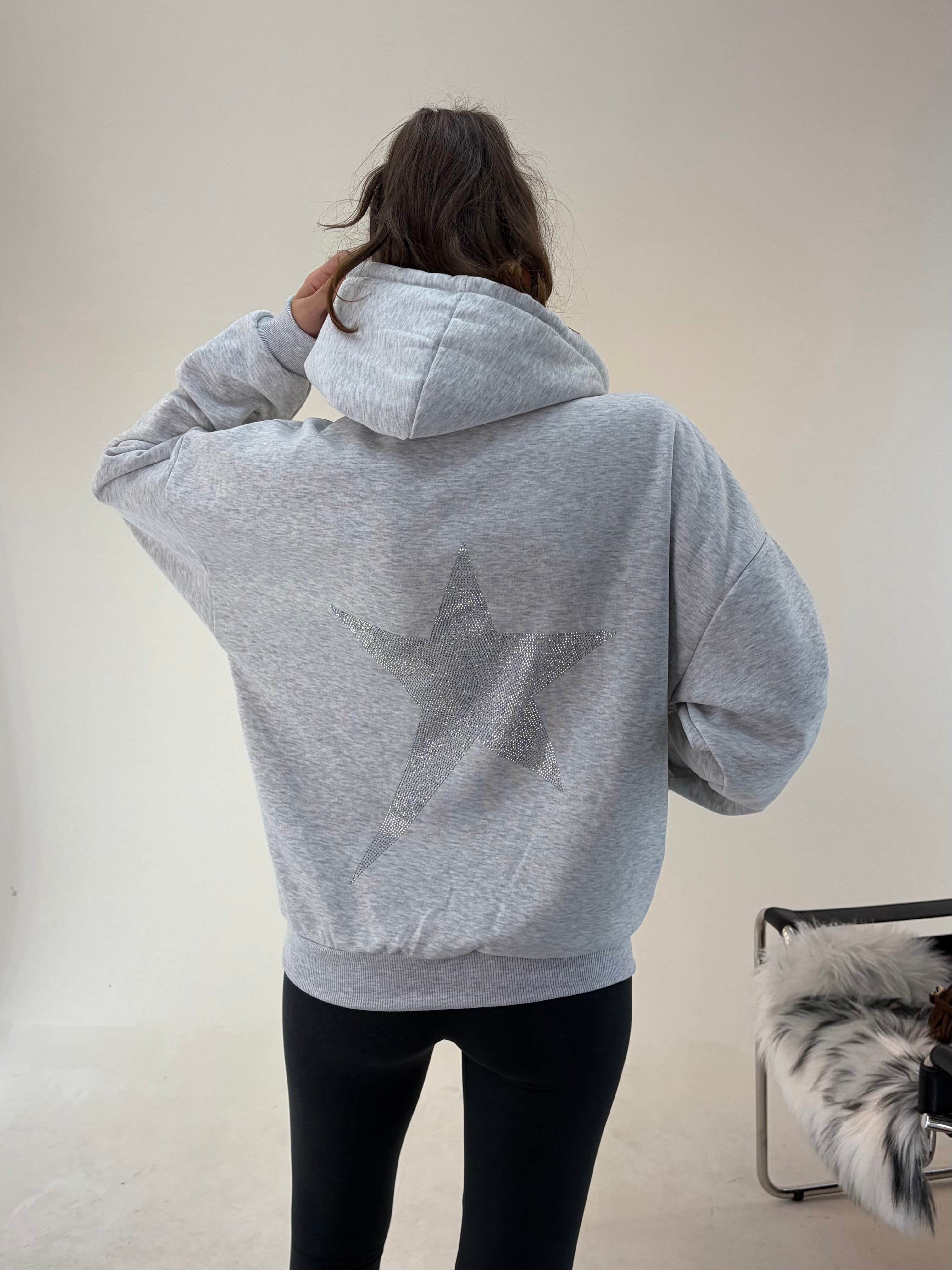 Gri Yıldız Baskılı Taşlı Sweat SWEATSHİRT - Taksim Butik