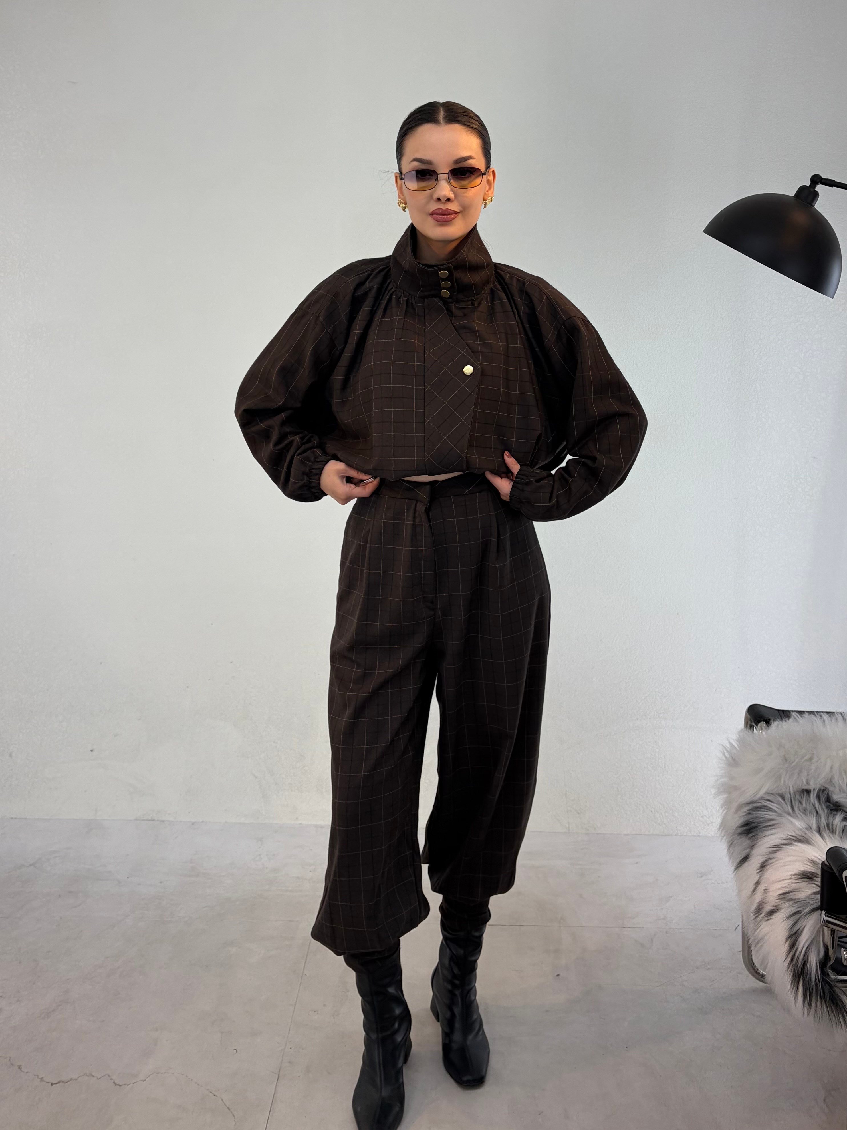 Kahve Paça Pile Ekose Jagger Pantolon PANTOLON - Taksim Butik