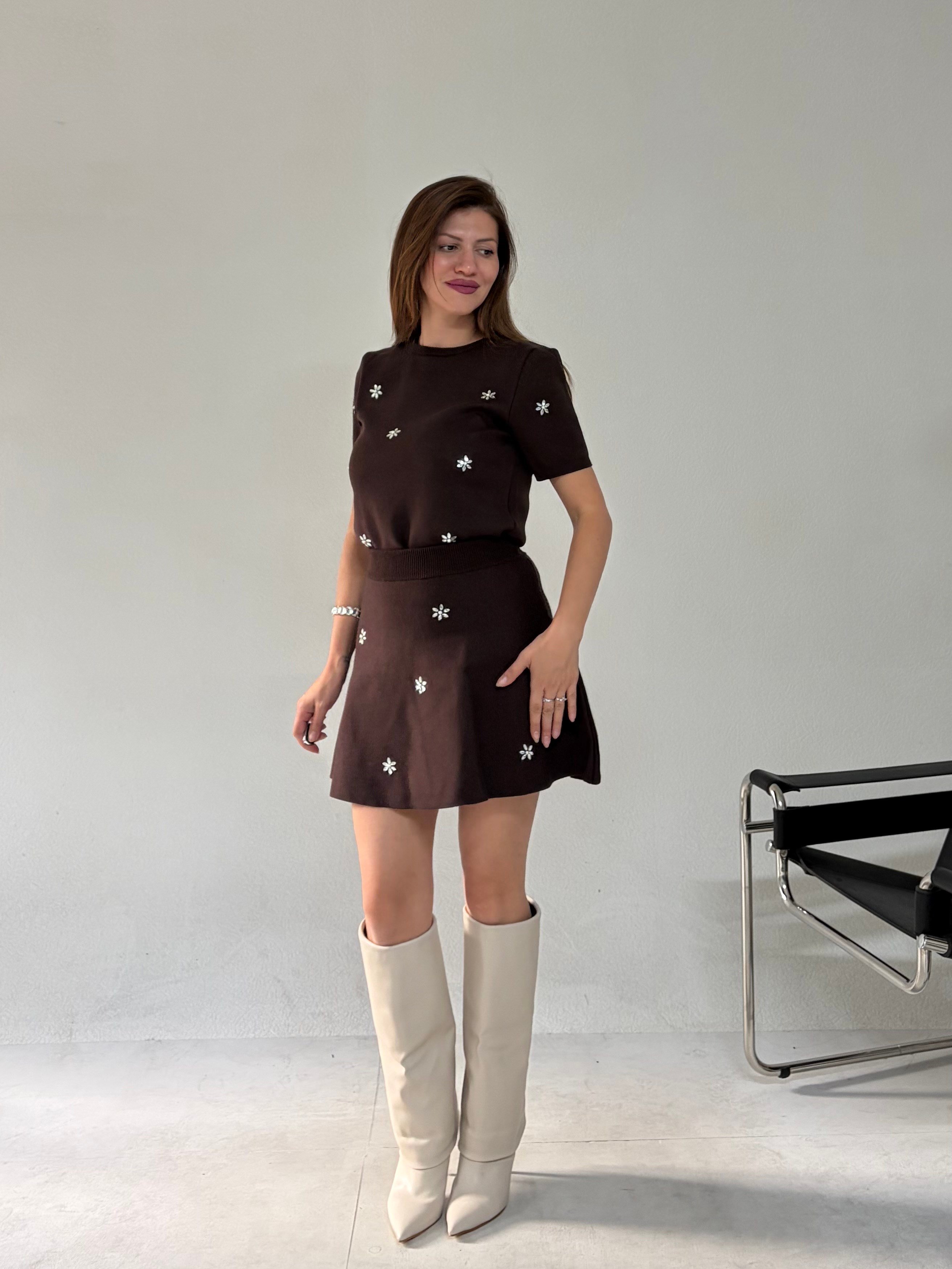 Kahve Parlak Taşlı Etek Üst Carmen Takım TAKIM - Taksim Butik