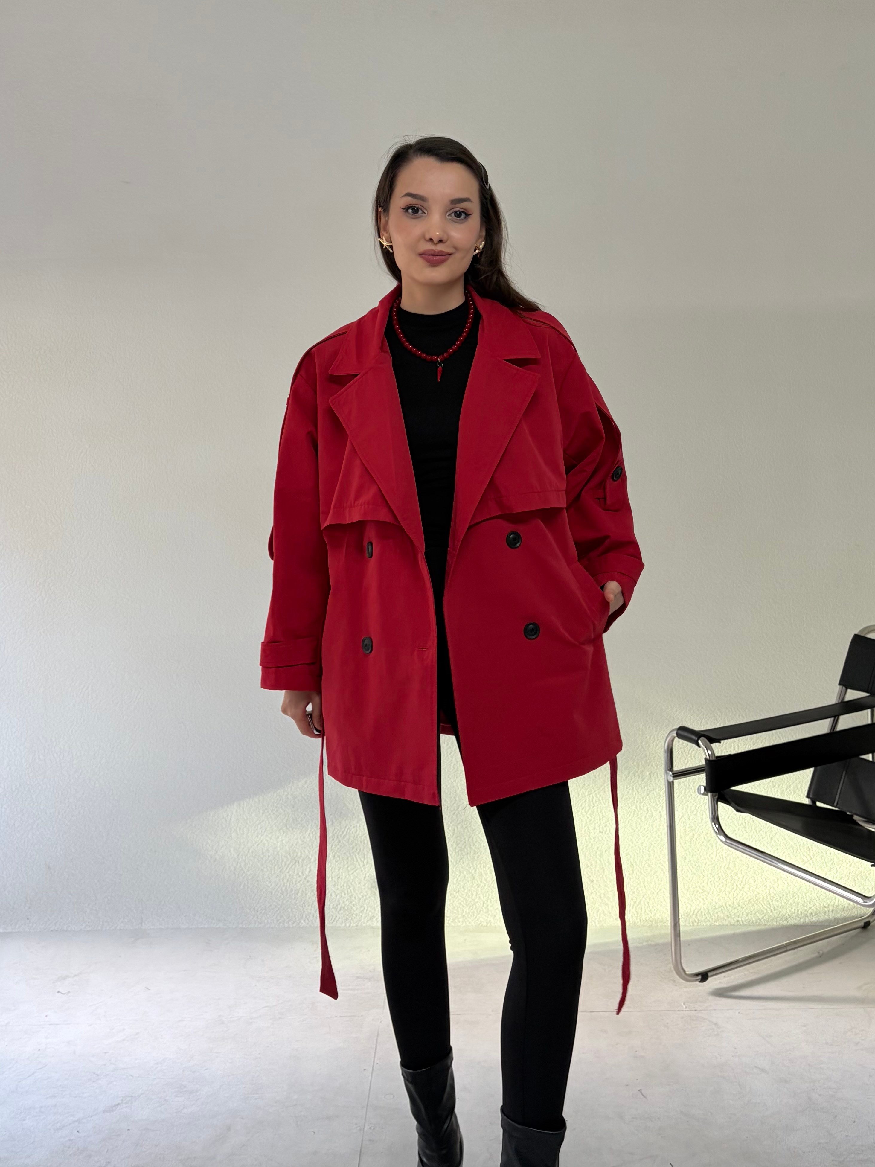 Kırmızı Ara Boy Trençkot TRENÇKOT - Taksim Butik