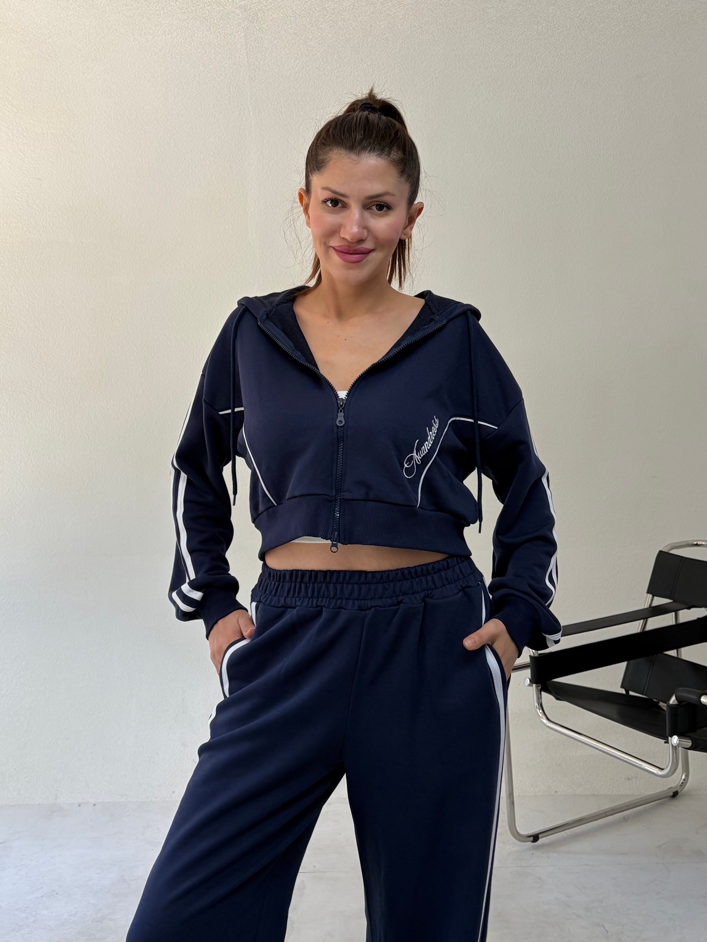 Lacivert Üç İplik Şeritli Sweat Ceket SWEATSHİRT - Taksim Butik