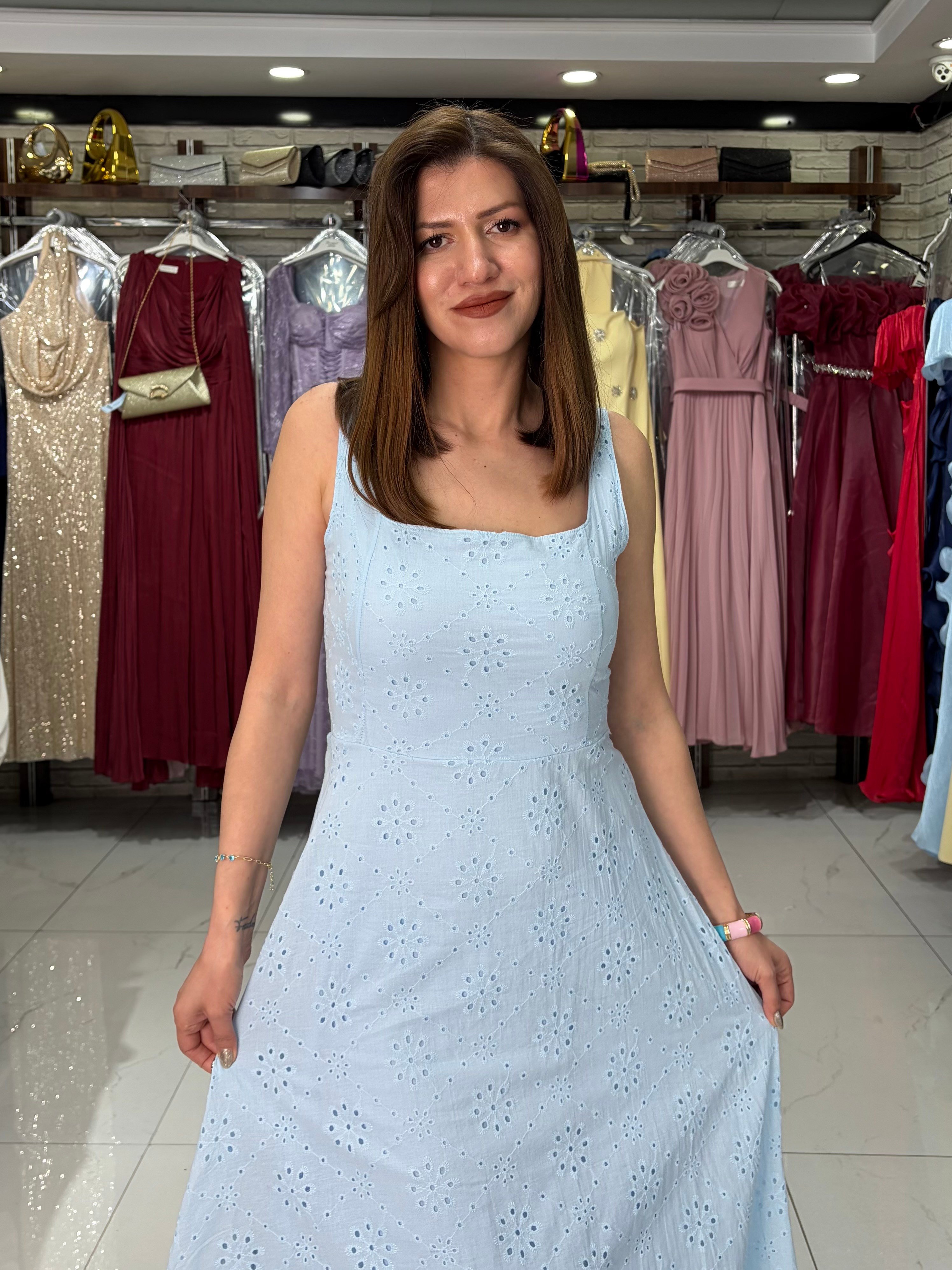 Mavi Brade Astarlı Elbise