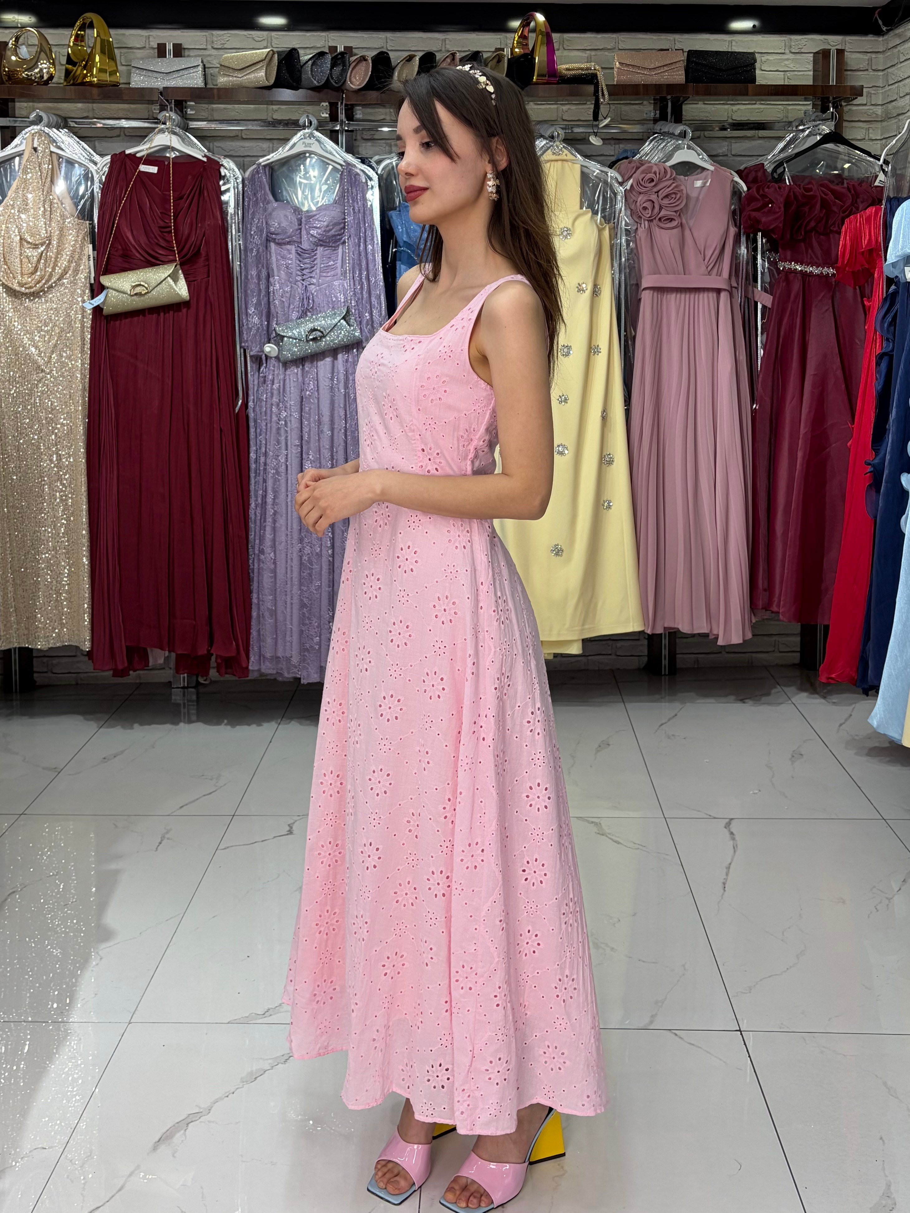 Pembe Brade Astarlı Elbise