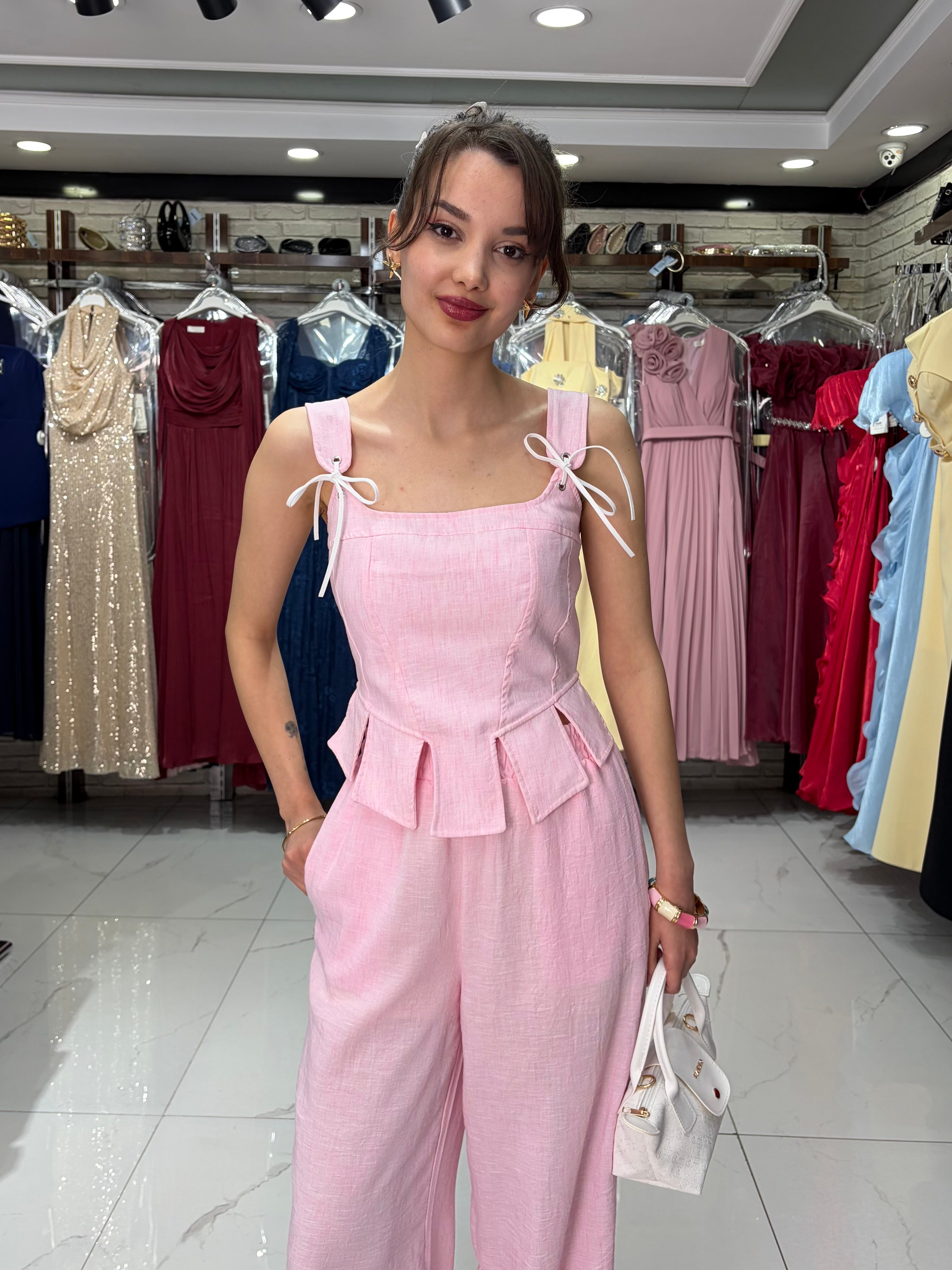 Pembe Korse Bluz Pantolon Takım