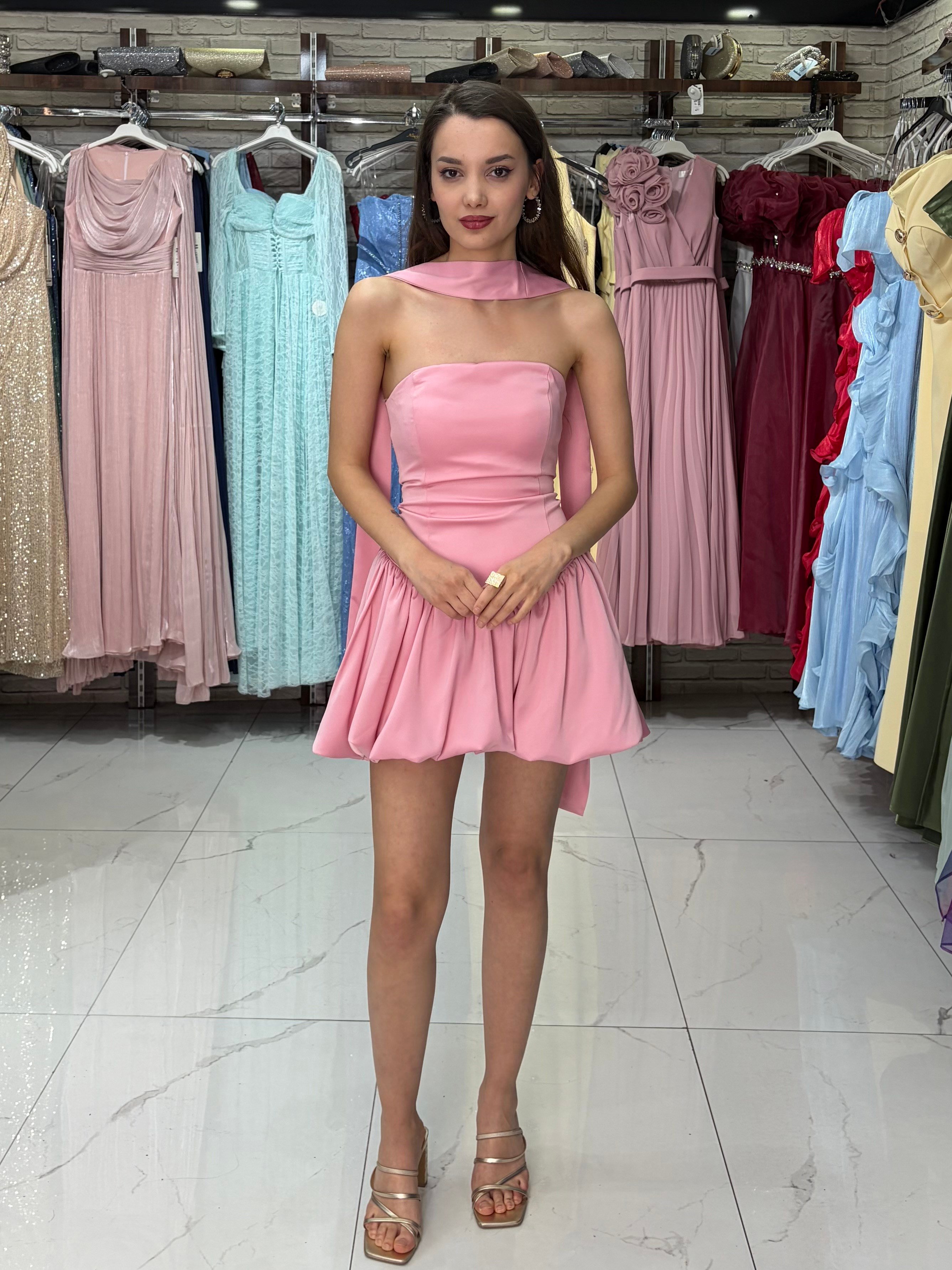 Pembe Şal Detay Balon Elbise