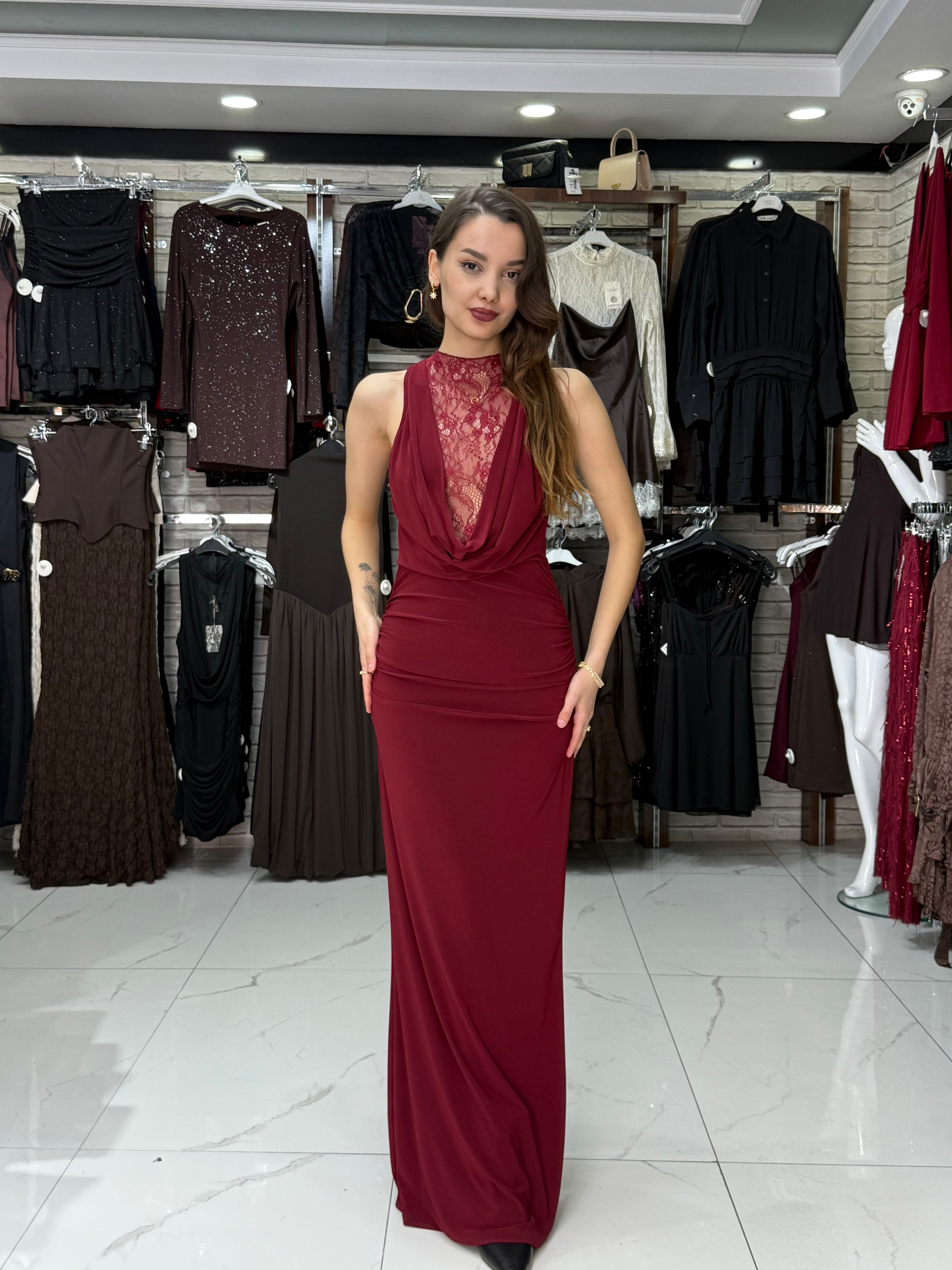 Sandy Kumaş Dantel Detay Bordo Elbise