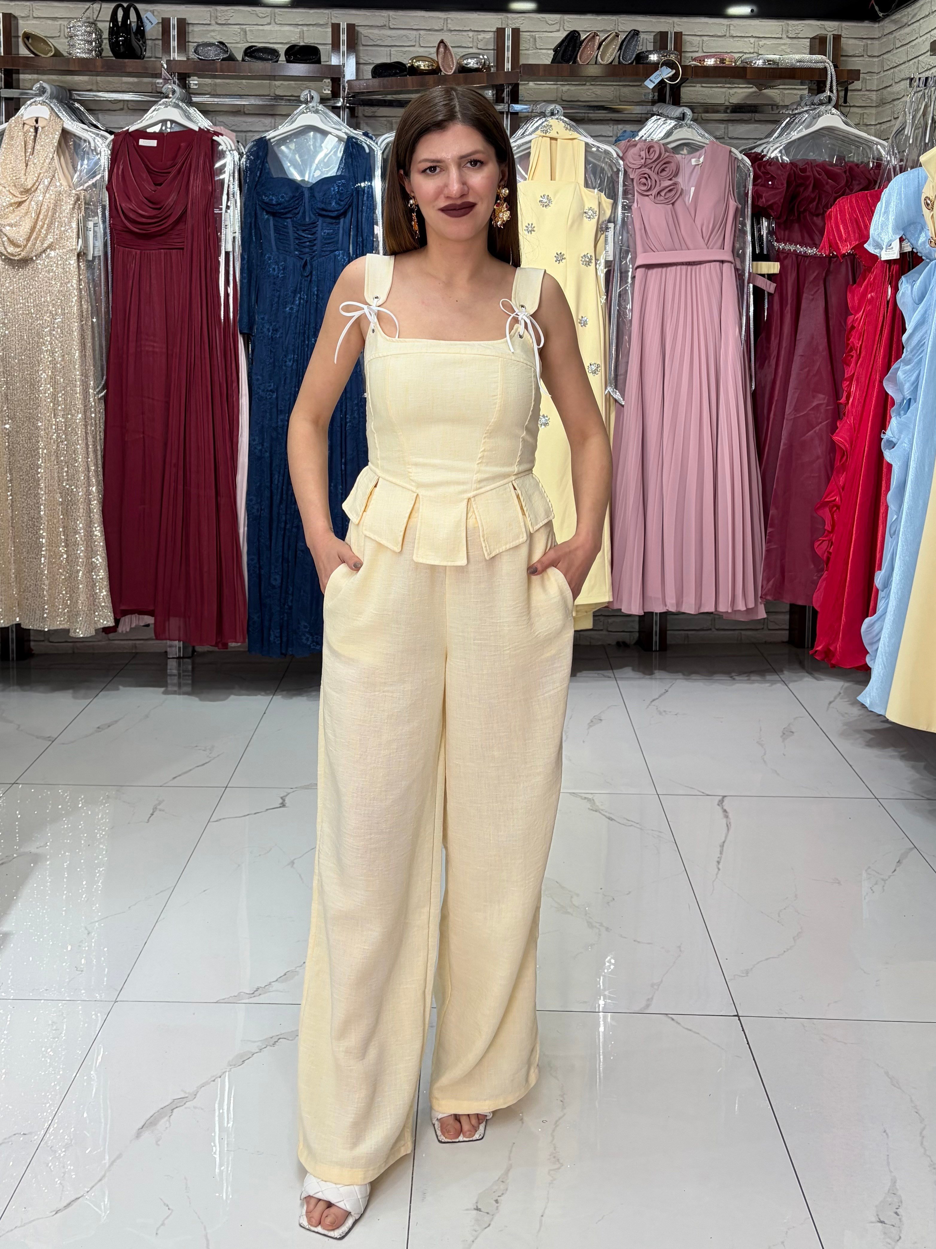 Sarı Korse Bluz Pantolon Takım