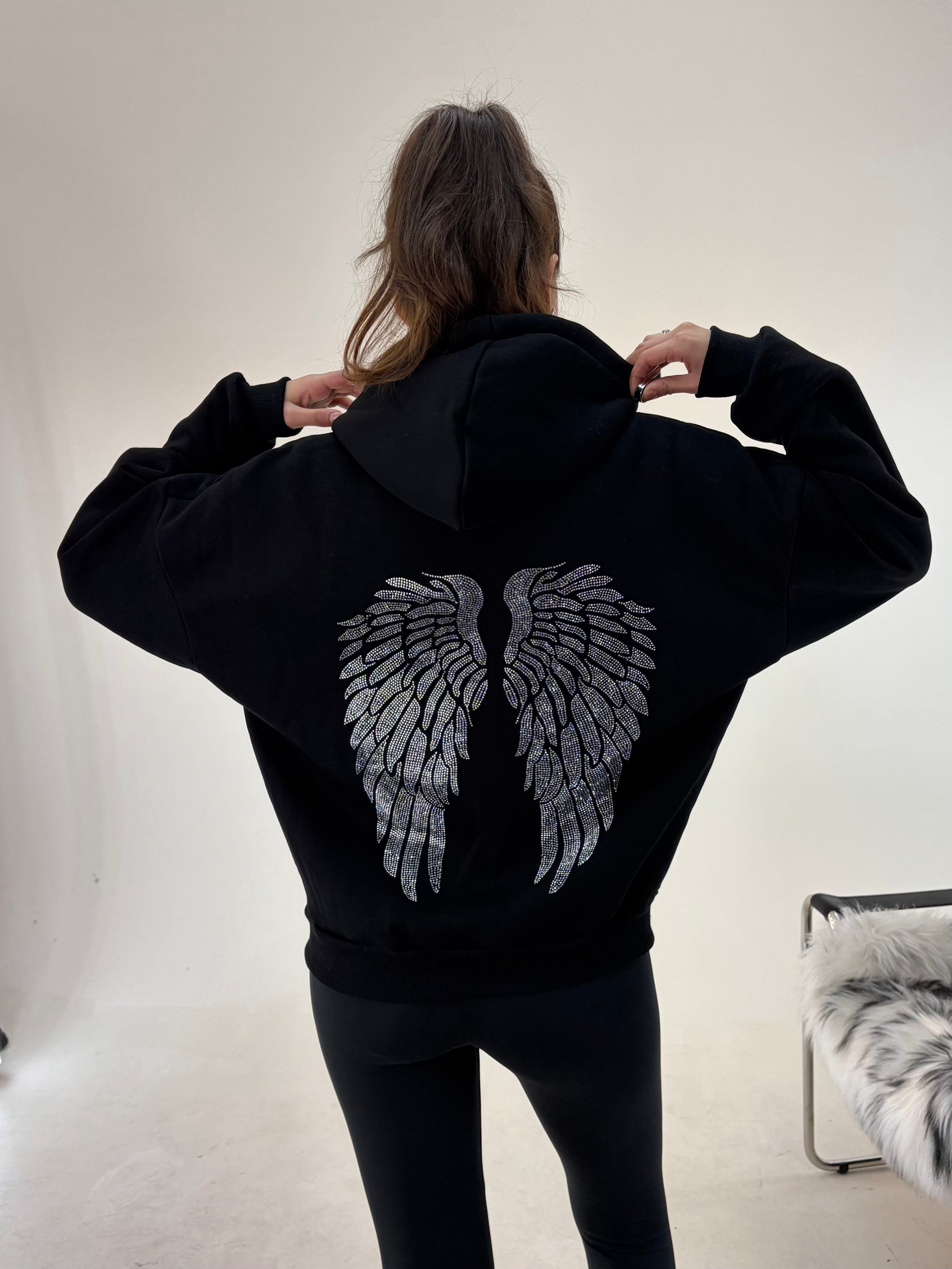 Siyah Angel Taşlı Sweat SWEATSHİRT - Taksim Butik