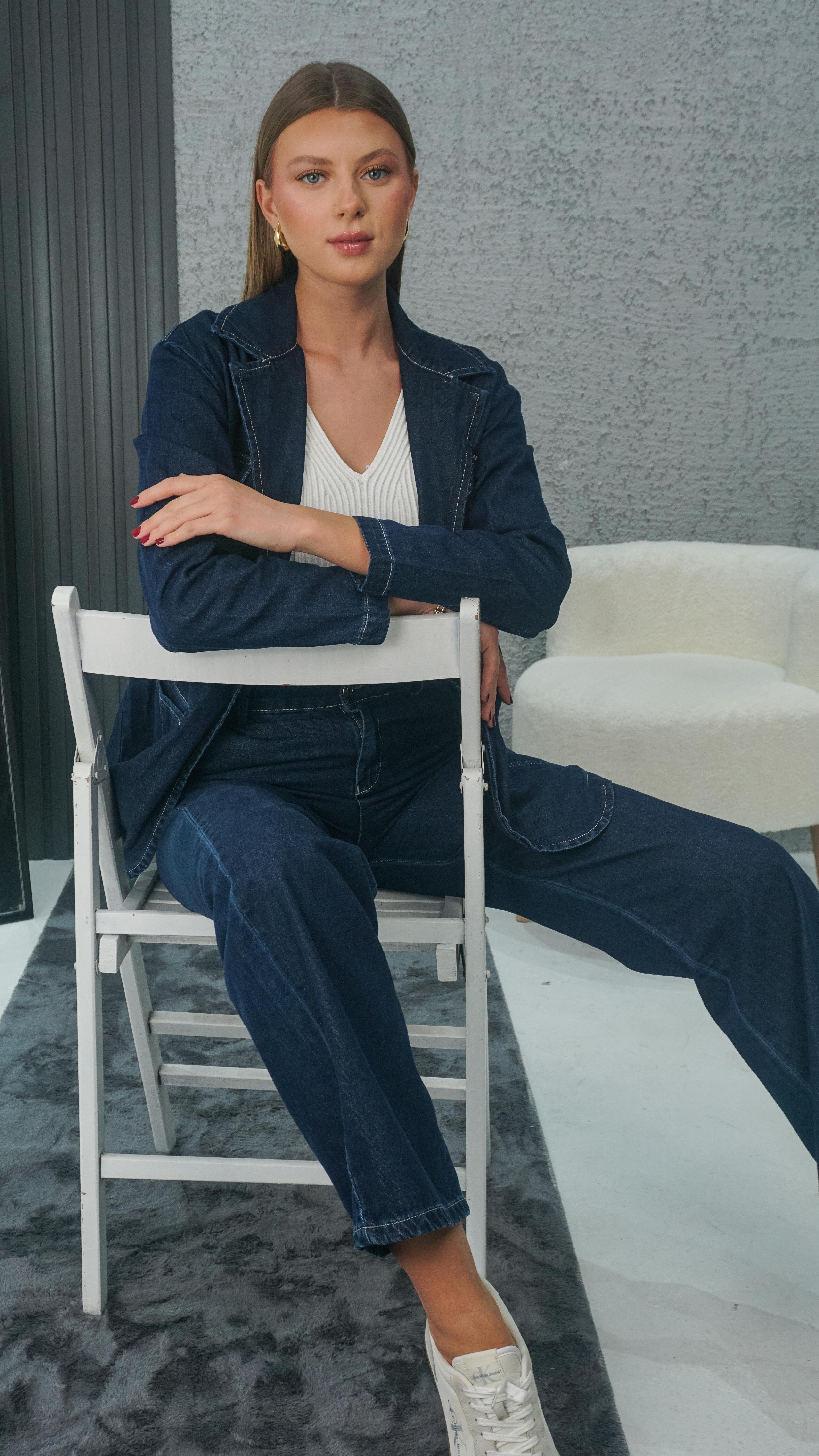 Kadın Koyu Mavi Oversize Denim Blazer Ceket