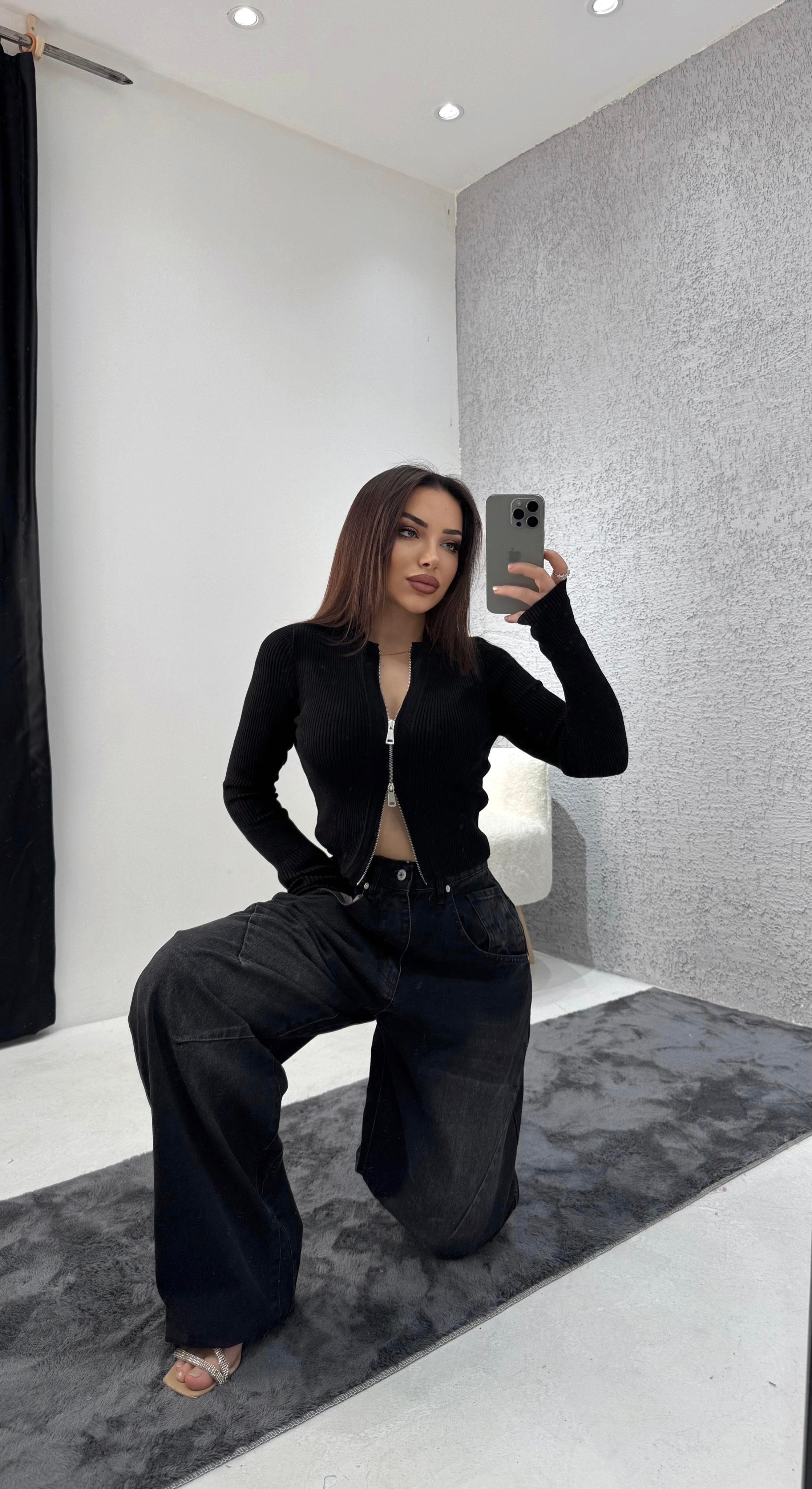 Kadın Vintage Wash Yüksek Bel Geniş Paça Jean Siyah