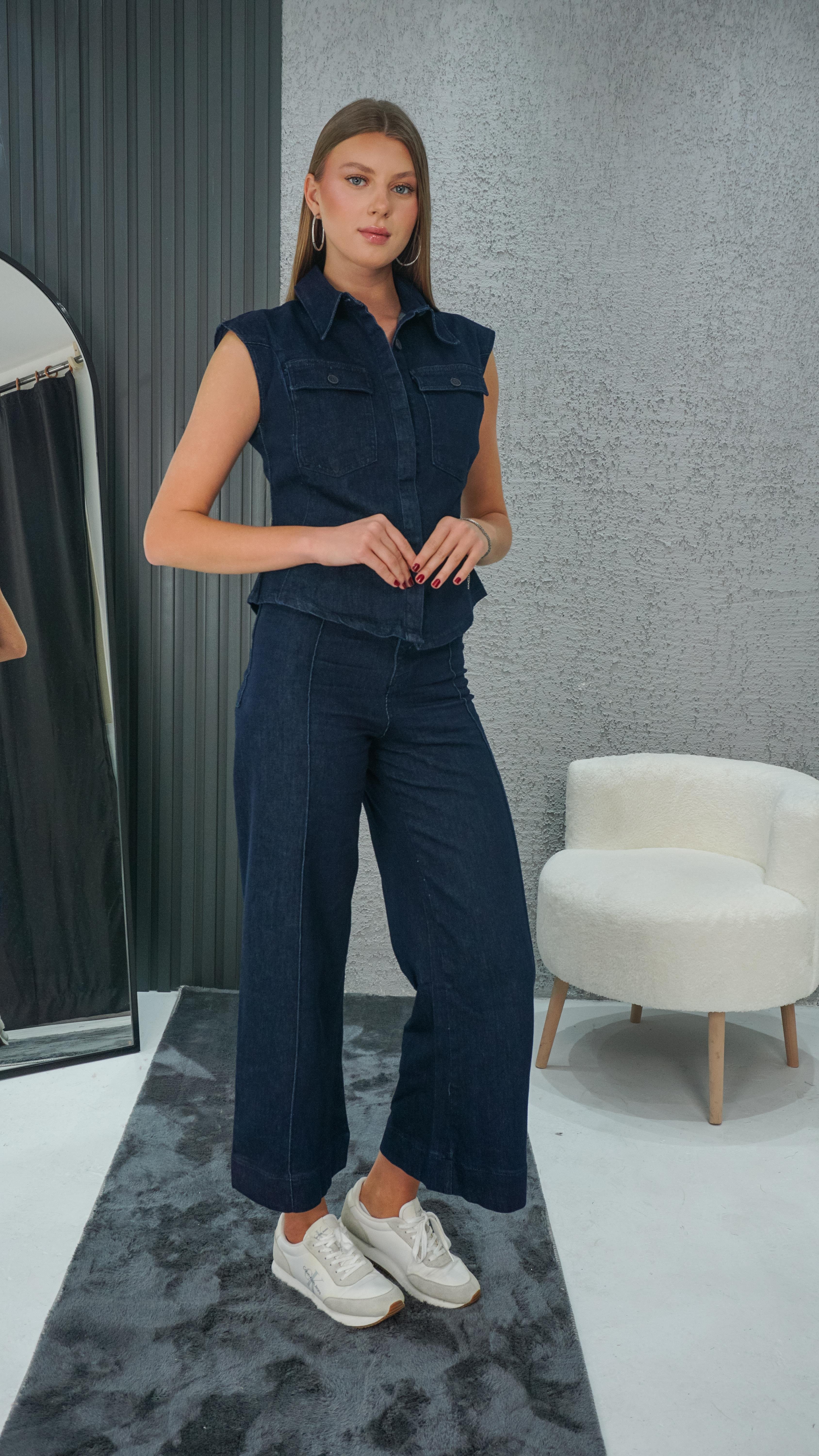Kadın Koyu Mavi Yüksek Bel Bol Paça Denim Pantolon – Fit Kalıp