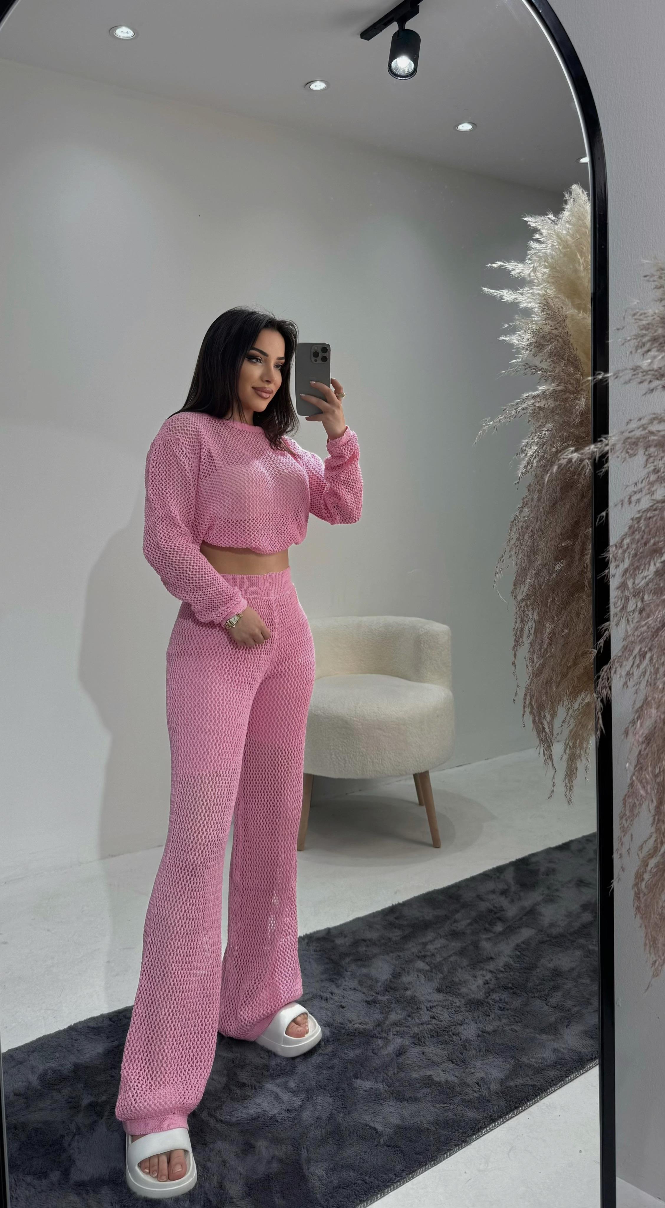 Kadın Pembe File Örgü (Ajurlu) Salaş Triko Takım Pembe