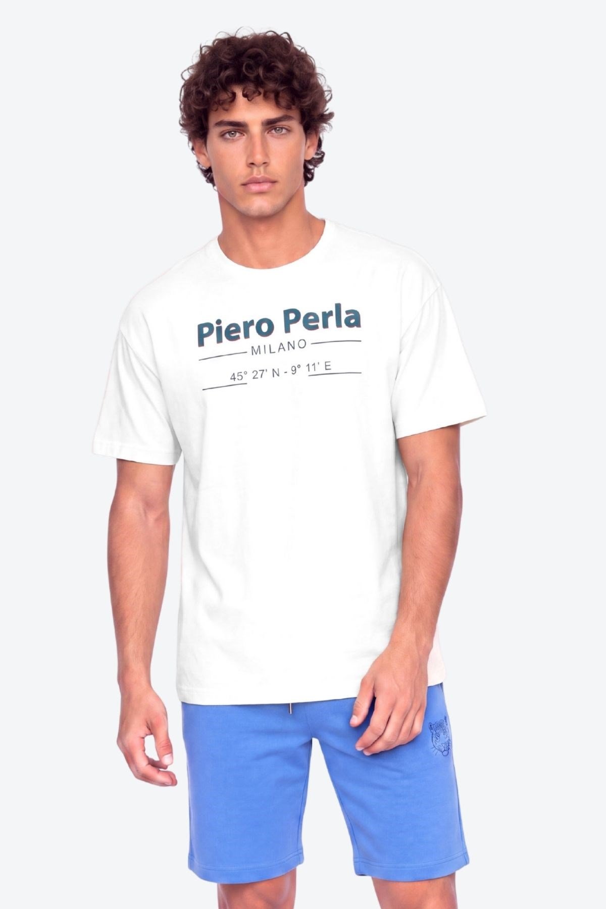 Erkek Bisiklet Yaka Milano Koordinat Baskı Detaylı Oversize Fit T-Shirt
