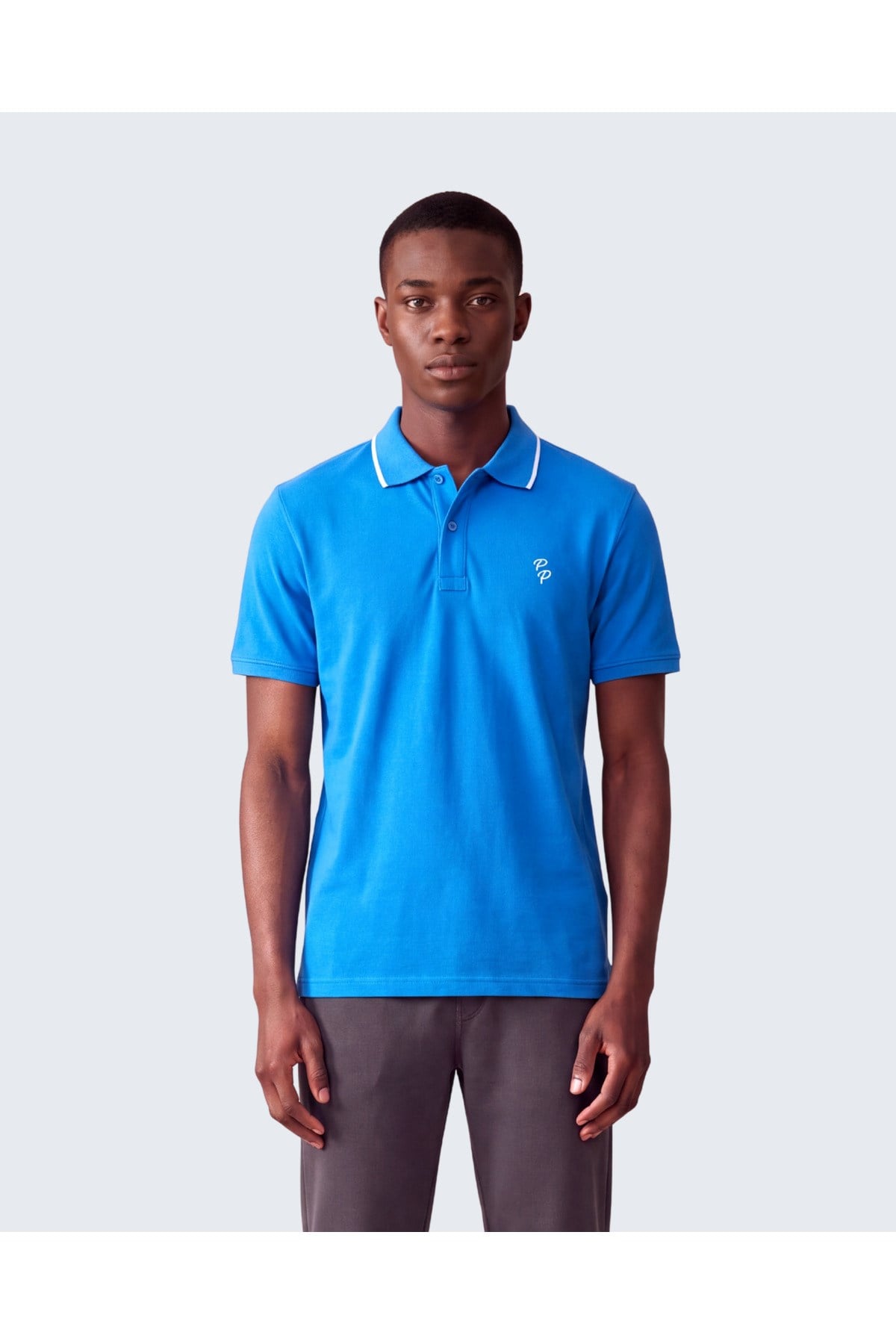 Erkek Eva Nakış Detaylı Ayaksız Triko Yaka Slim Fit Kıvrılmaz Yaka Polo T-Shirt