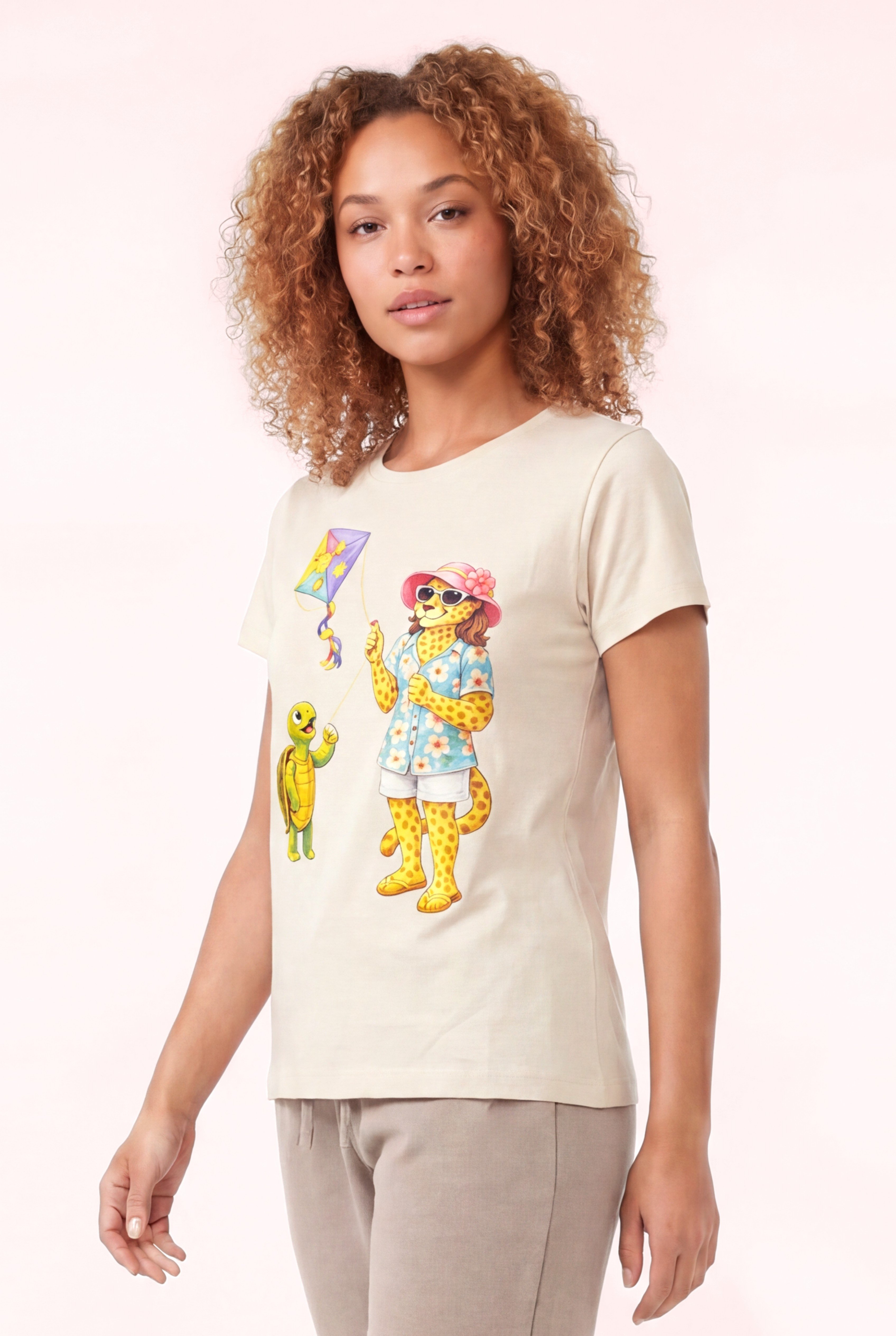 Jaguar Baskı Detaylı Bisiklet Yaka Slim Fit Kadın Sütlü Kahve T-Shirt