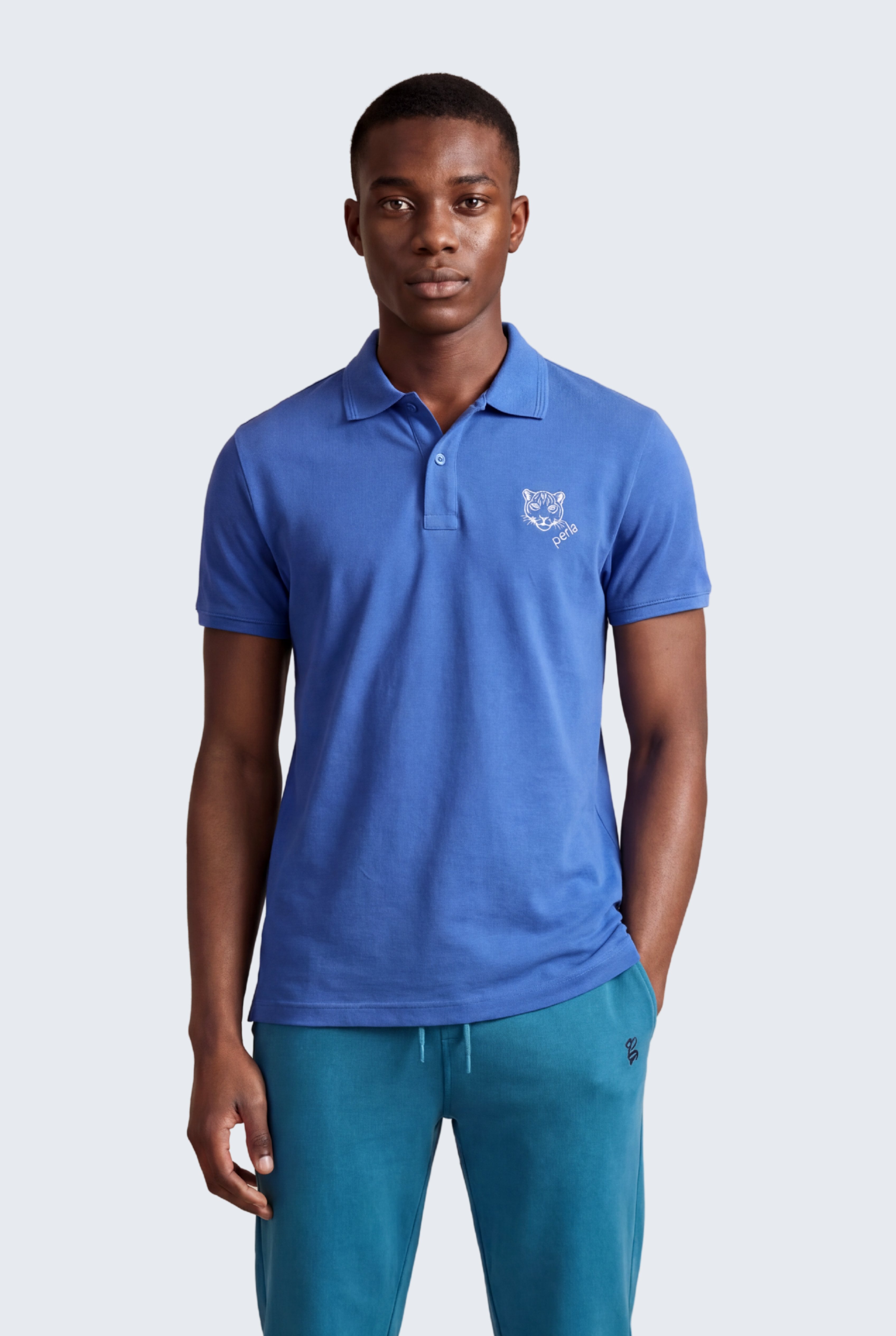 Kontür Jaguar Nakış Detaylı Slim Fit Erkek Polo Yaka Açık Mavi T-Shirt