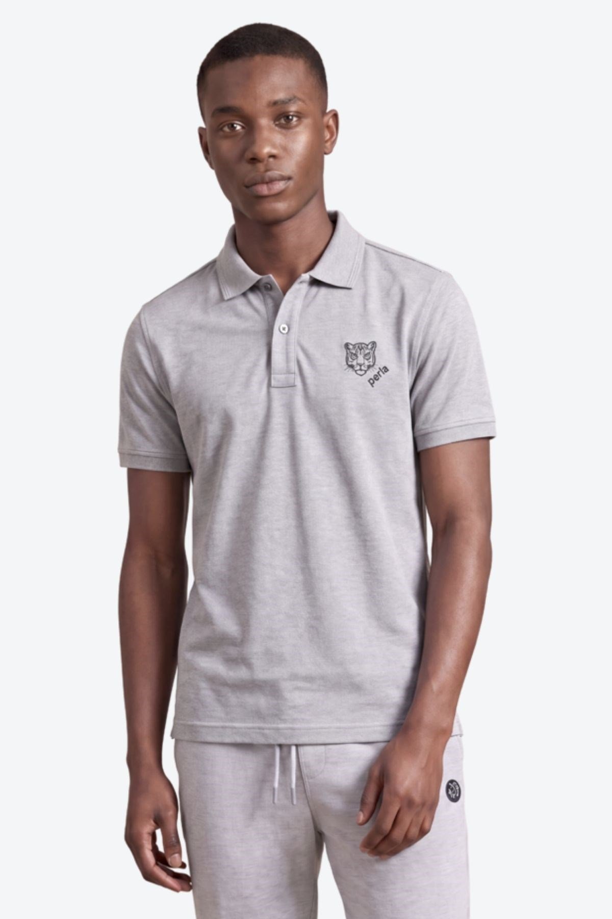 Kontür Jaguar Nakış Detaylı Slim Fit Erkek Polo Yaka Gri Melanj T-Shirt