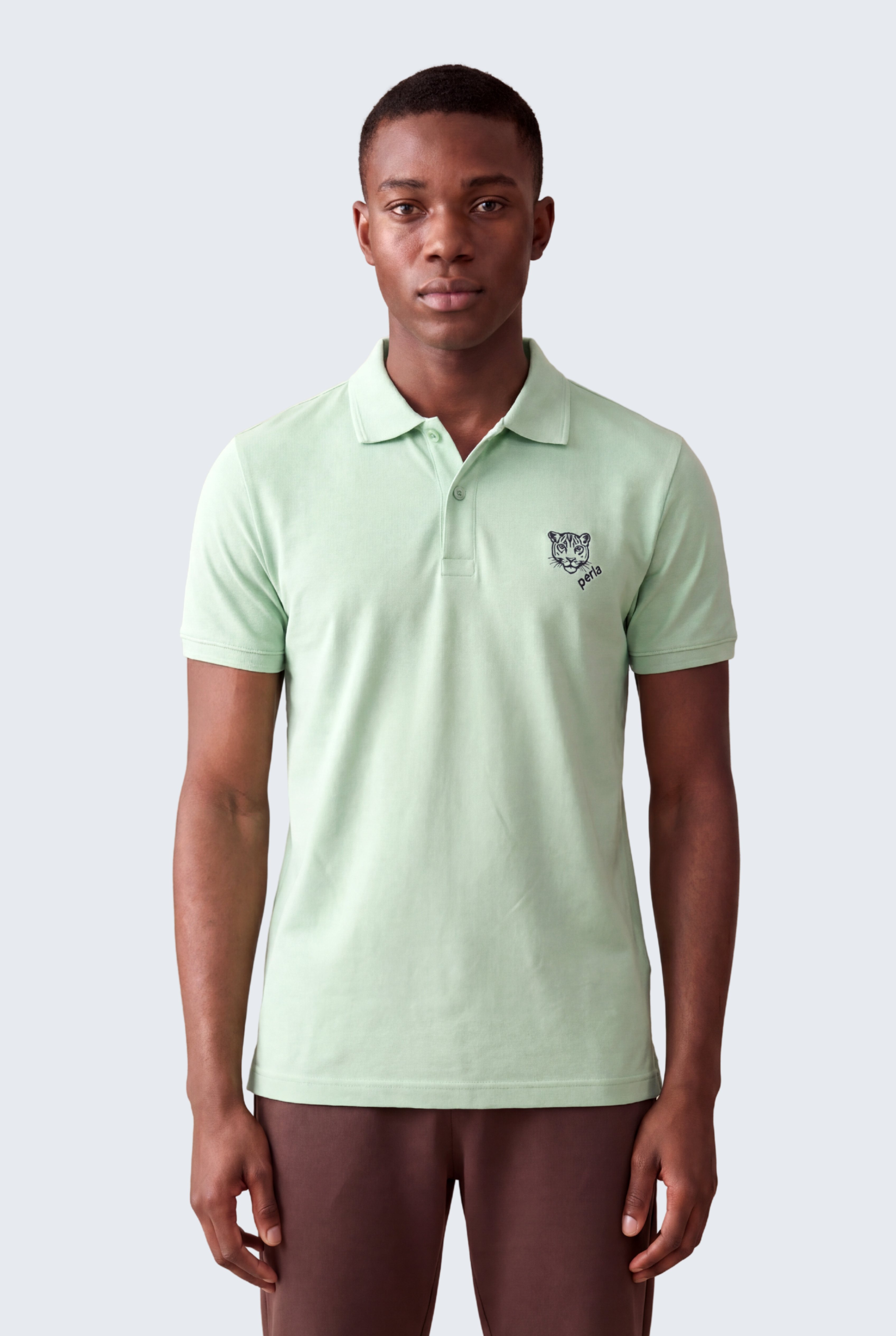Kontür Jaguar Nakış Detaylı Slim Fit Erkek Polo Yaka Açık Yeşil T-Shirt