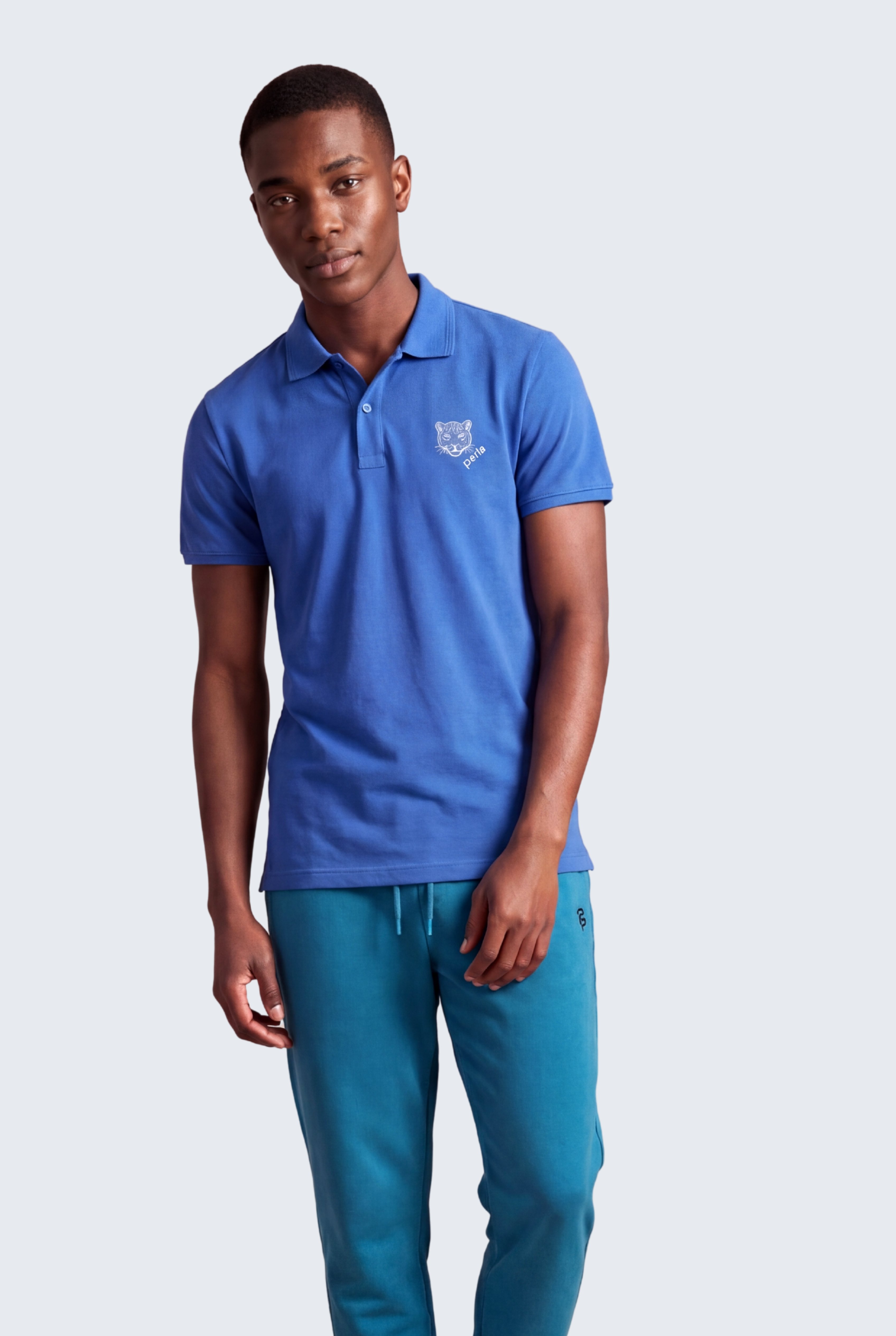 Kontür Jaguar Nakış Detaylı Slim Fit Erkek Polo Yaka Açık Mavi T-Shirt