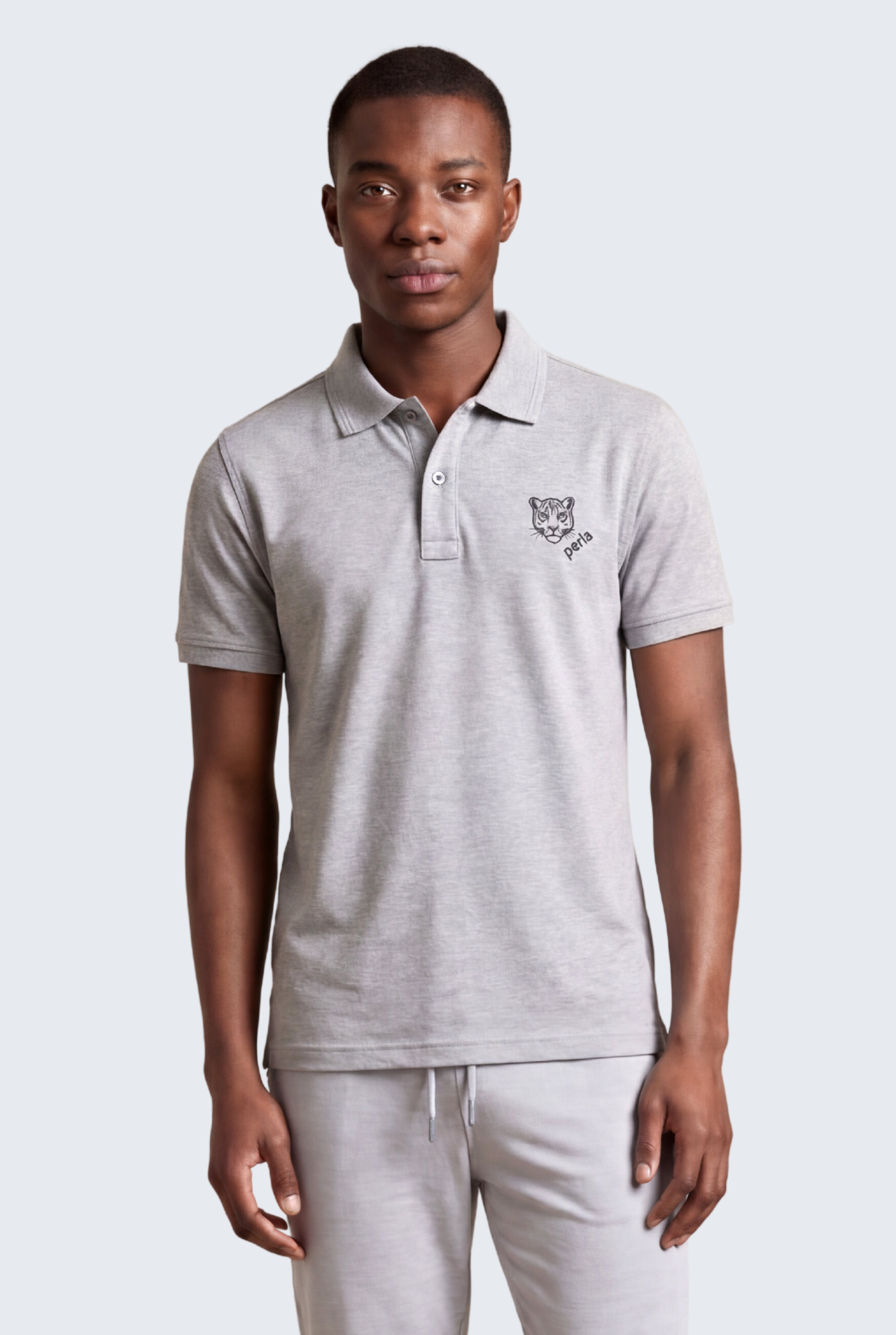 Kontür Jaguar Nakış Detaylı Slim Fit Erkek Polo Yaka Gri Melanj T-Shirt