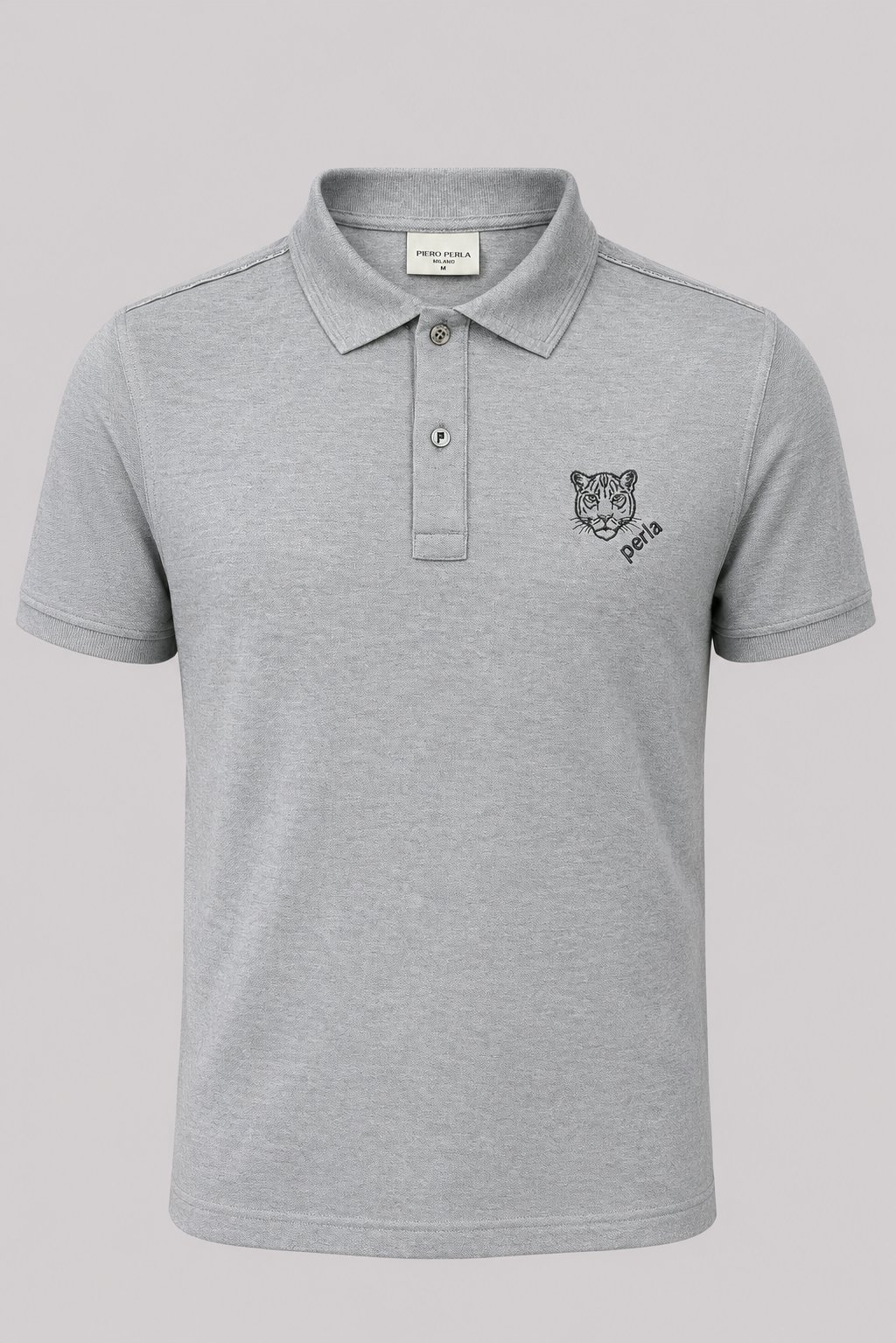 Kontür Jaguar Nakış Detaylı Slim Fit Erkek Polo Yaka Gri Melanj T-Shirt