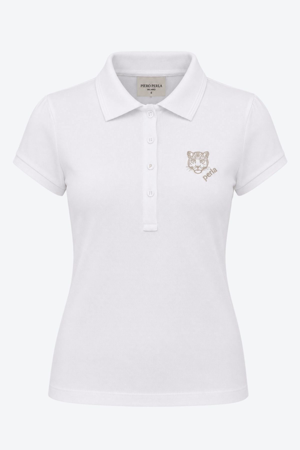 Kontür Jaguar Nakış Detaylı Slim Fit Kadın Beyaz Polo Yaka T-Shirt