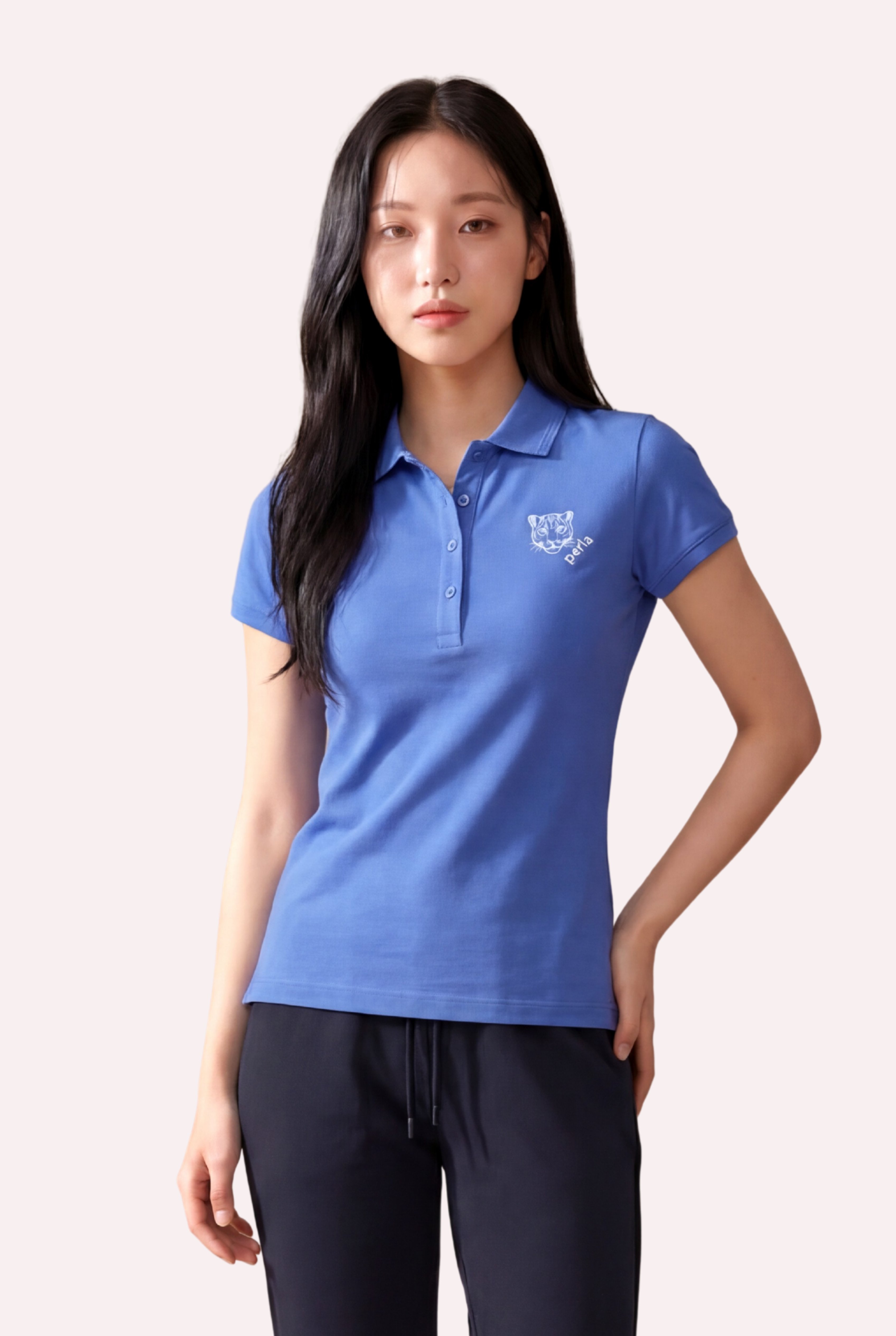Kontür Jaguar Nakış Detaylı Slim Fit Kadın Mavi Polo Yaka T-Shirt