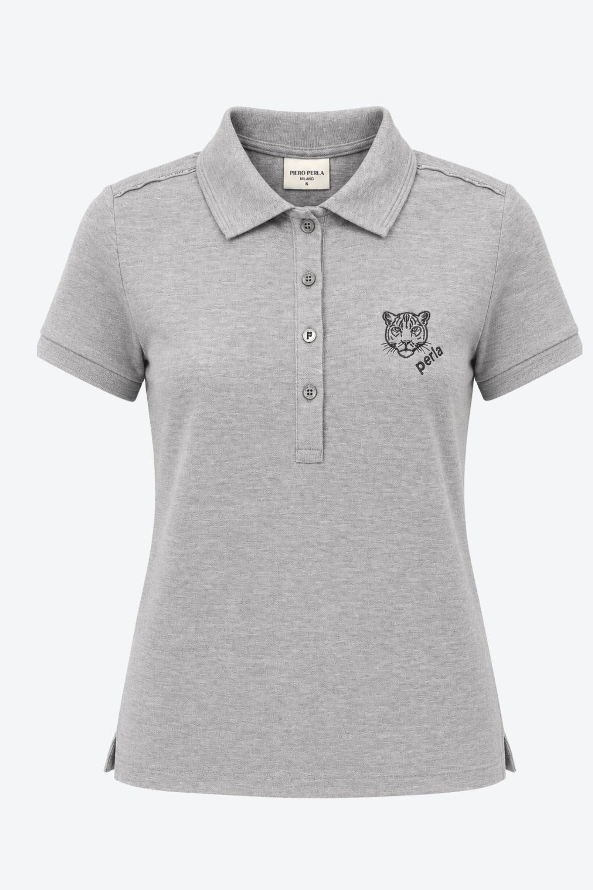 Kontür Jaguar Nakış Detaylı Slim Fit Kadın Gri Melanj Polo Yaka T-Shirt