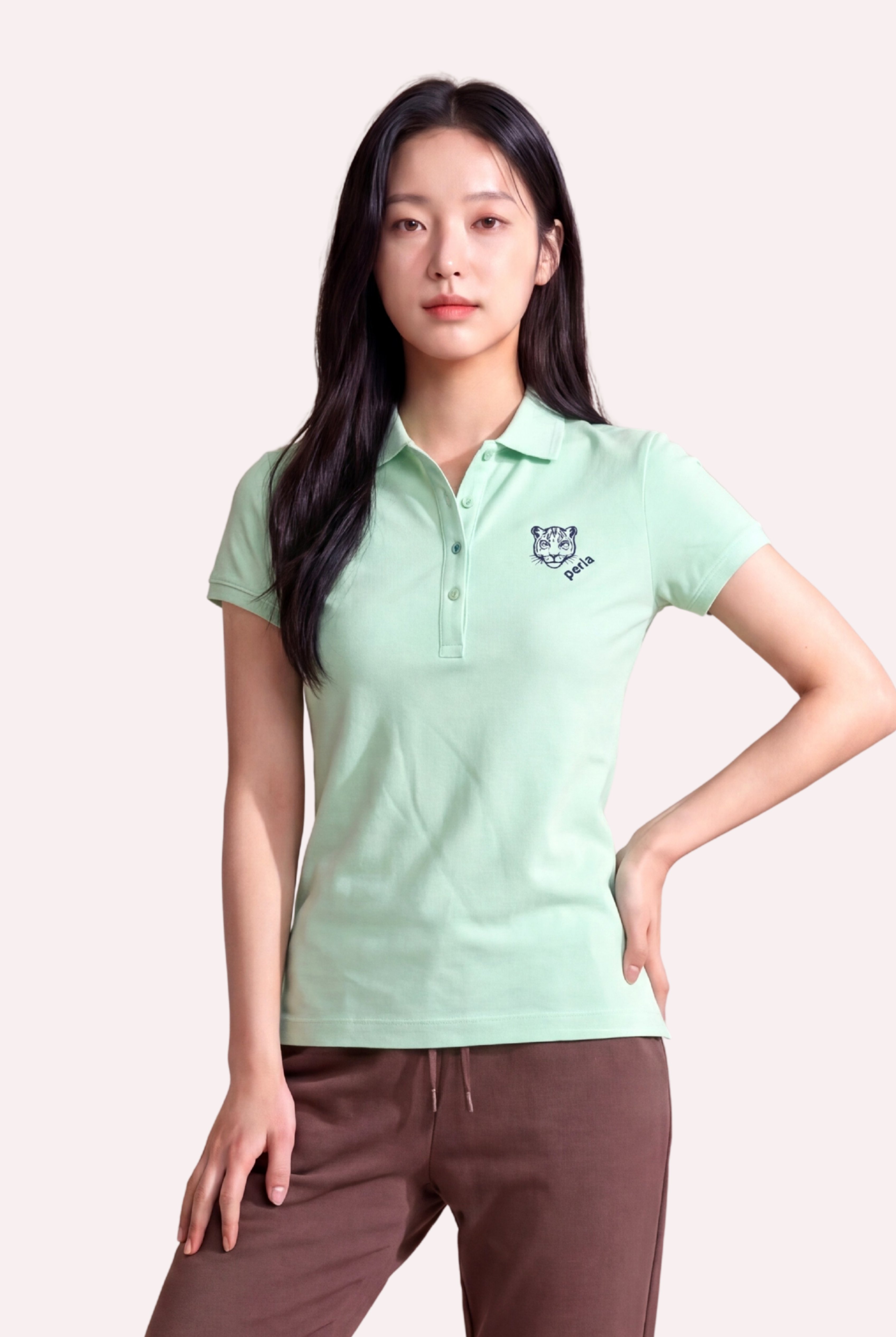 Kontür Jaguar Nakış Detaylı Slim Fit Kadın Açık Yeşil Polo Yaka T-Shirt