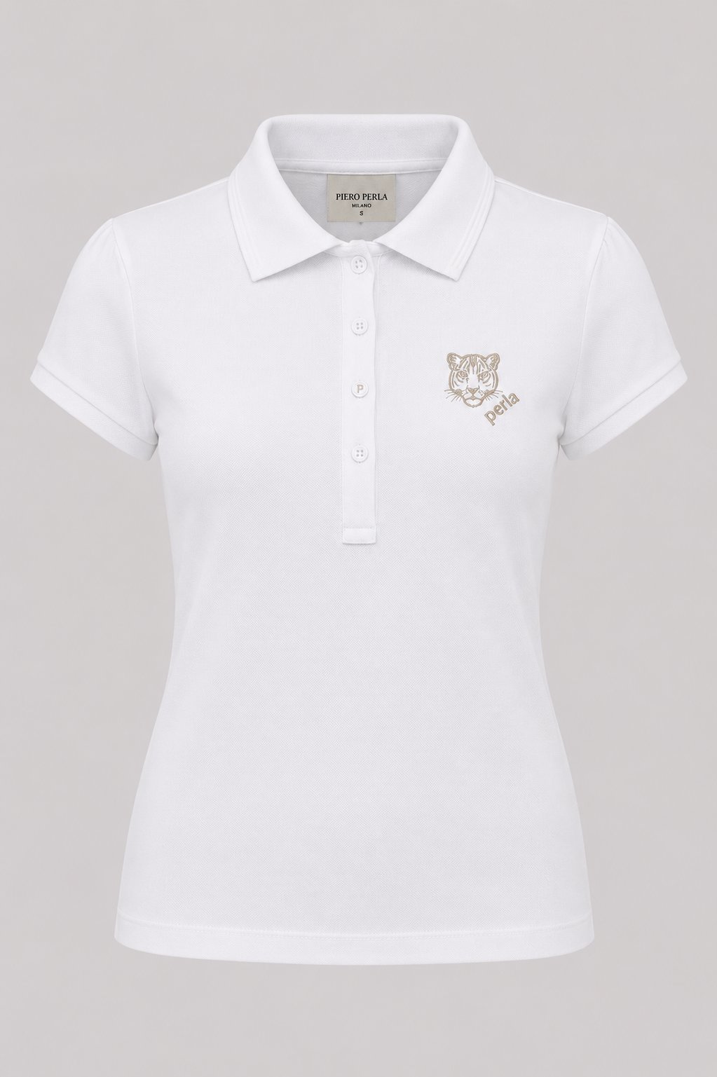 Kontür Jaguar Nakış Detaylı Slim Fit Kadın Beyaz Polo Yaka T-Shirt