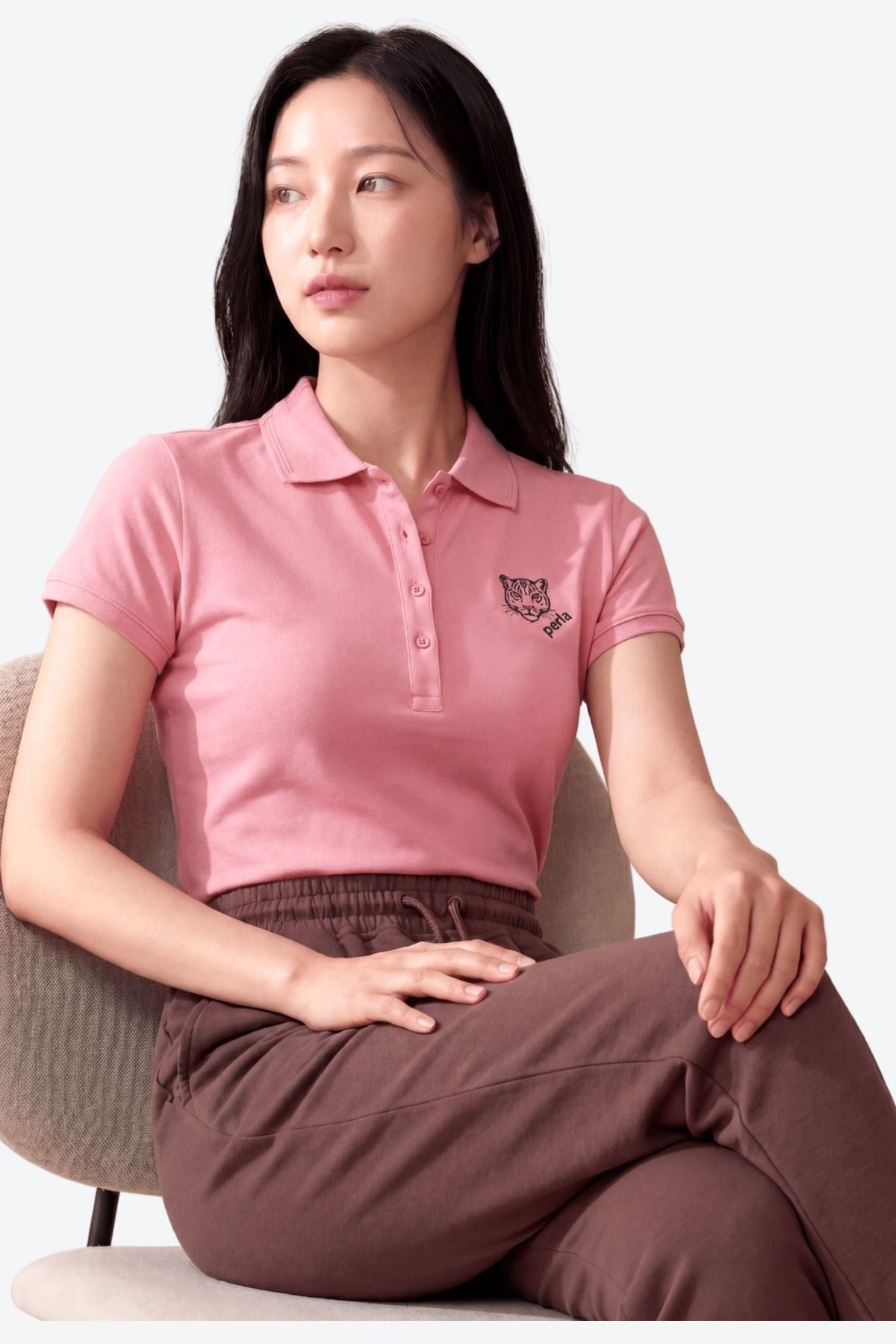 Kontür Jaguar Nakış Detaylı Slim Fit Kadın Gül Kurusu Polo Yaka T-Shirt