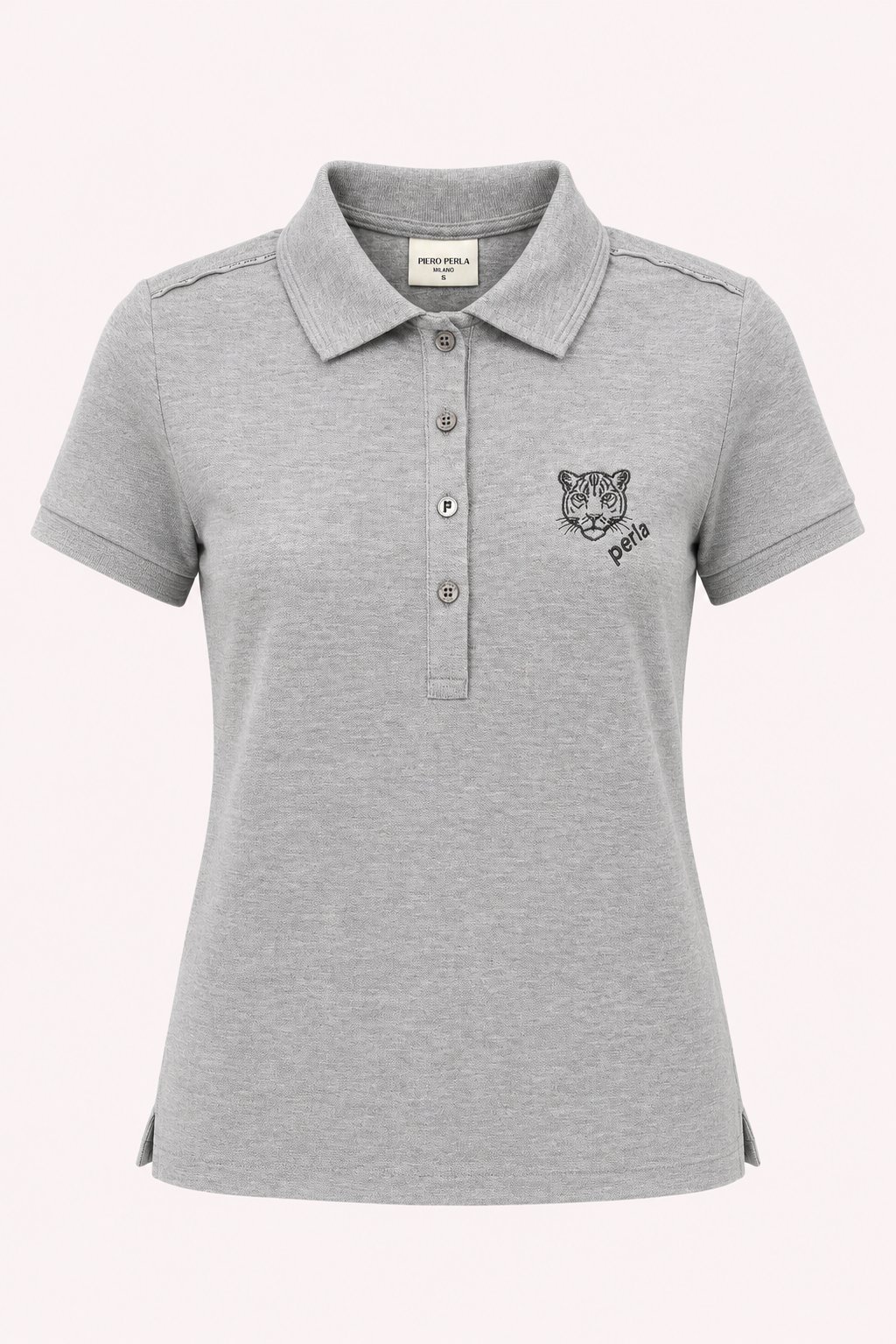 Kontür Jaguar Nakış Detaylı Slim Fit Kadın Gri Melanj Polo Yaka T-Shirt