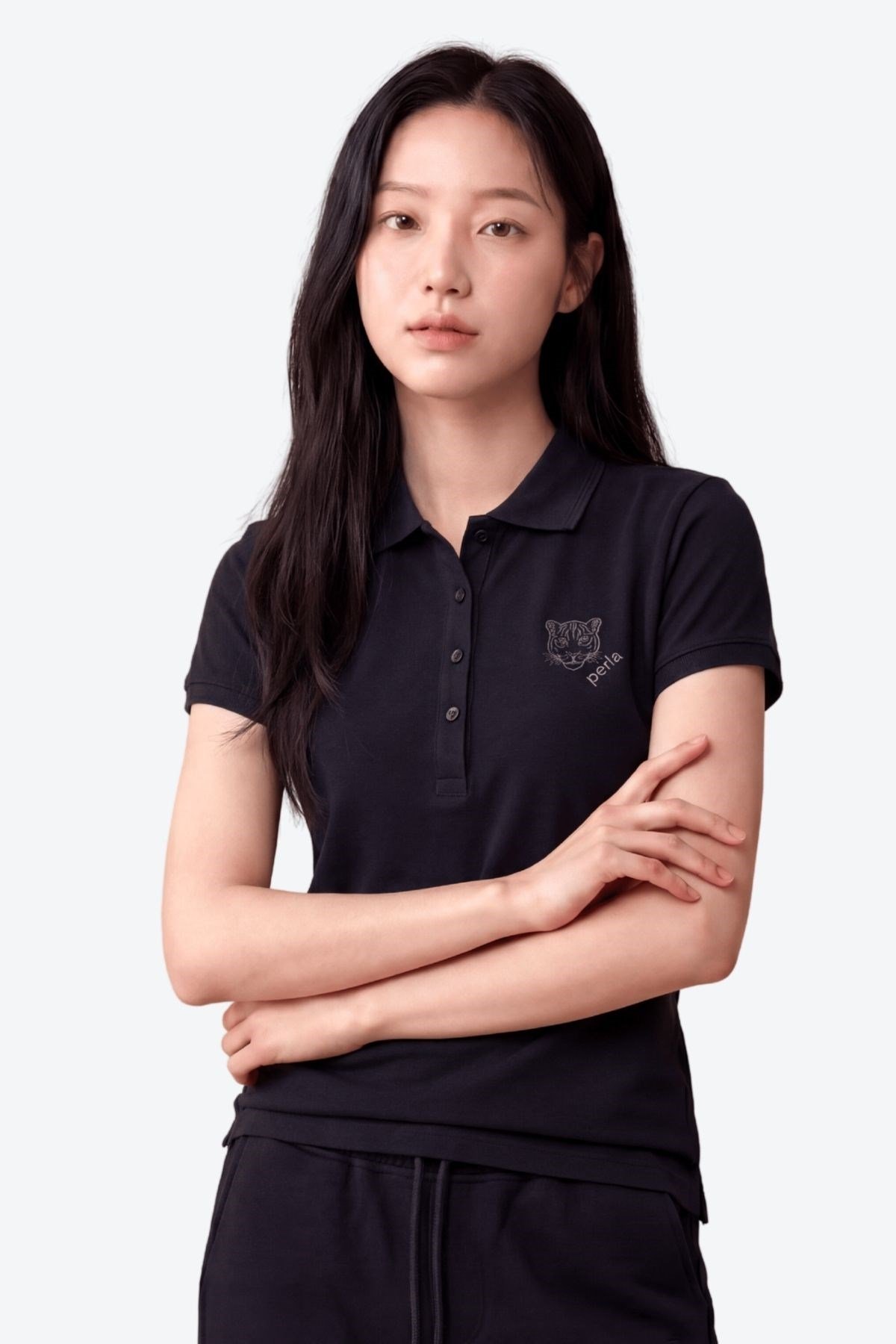 Kontür Jaguar Nakış Detaylı Slim Fit Kadın Siyah Polo Yaka T-Shirt
