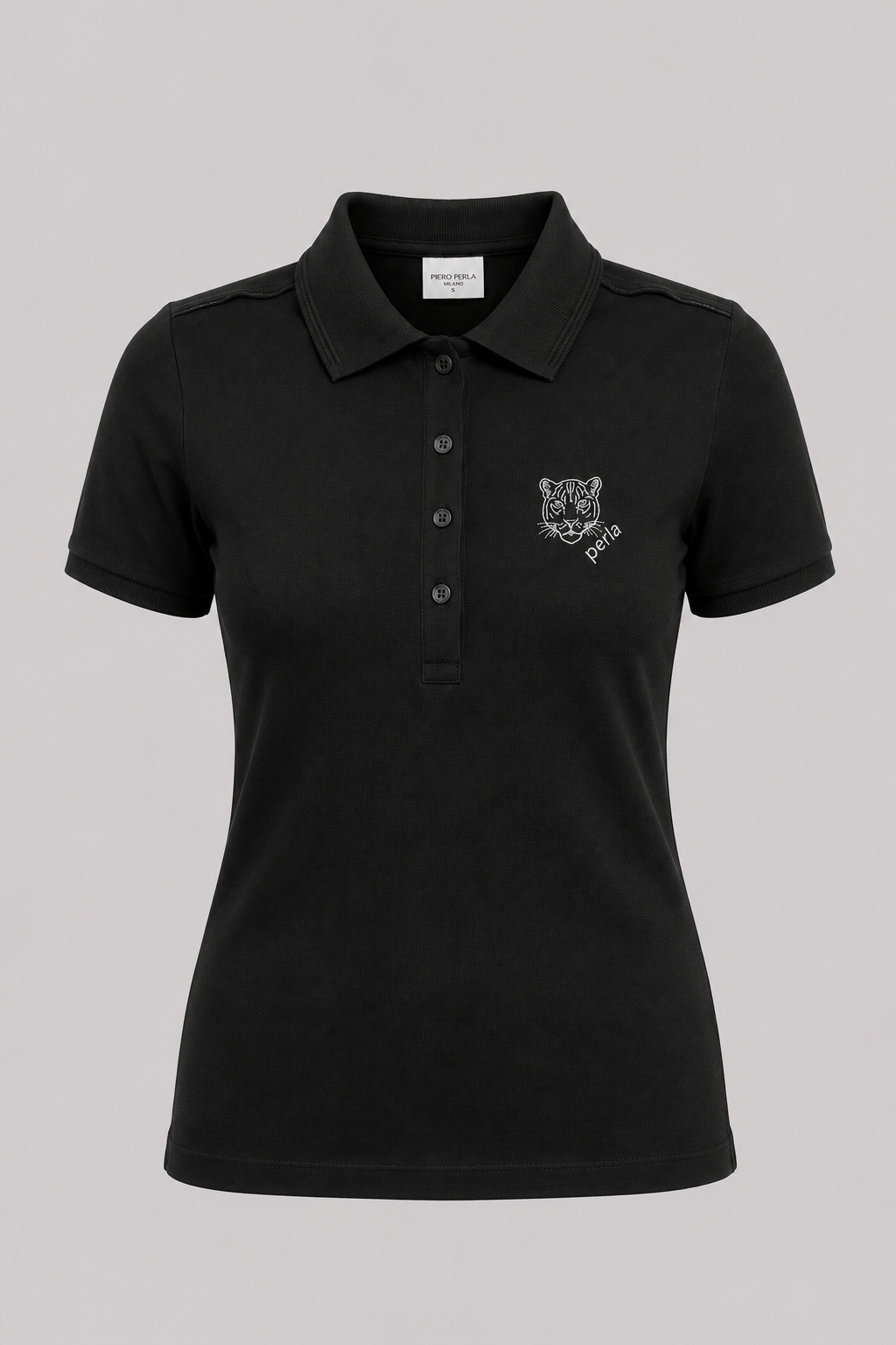 Kontür Jaguar Nakış Detaylı Slim Fit Kadın Siyah Polo Yaka T-Shirt