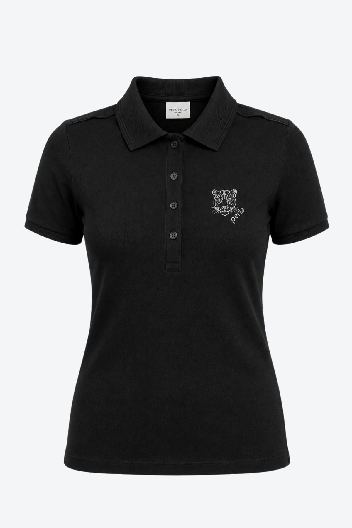 Kontür Jaguar Nakış Detaylı Slim Fit Kadın Siyah Polo Yaka T-Shirt