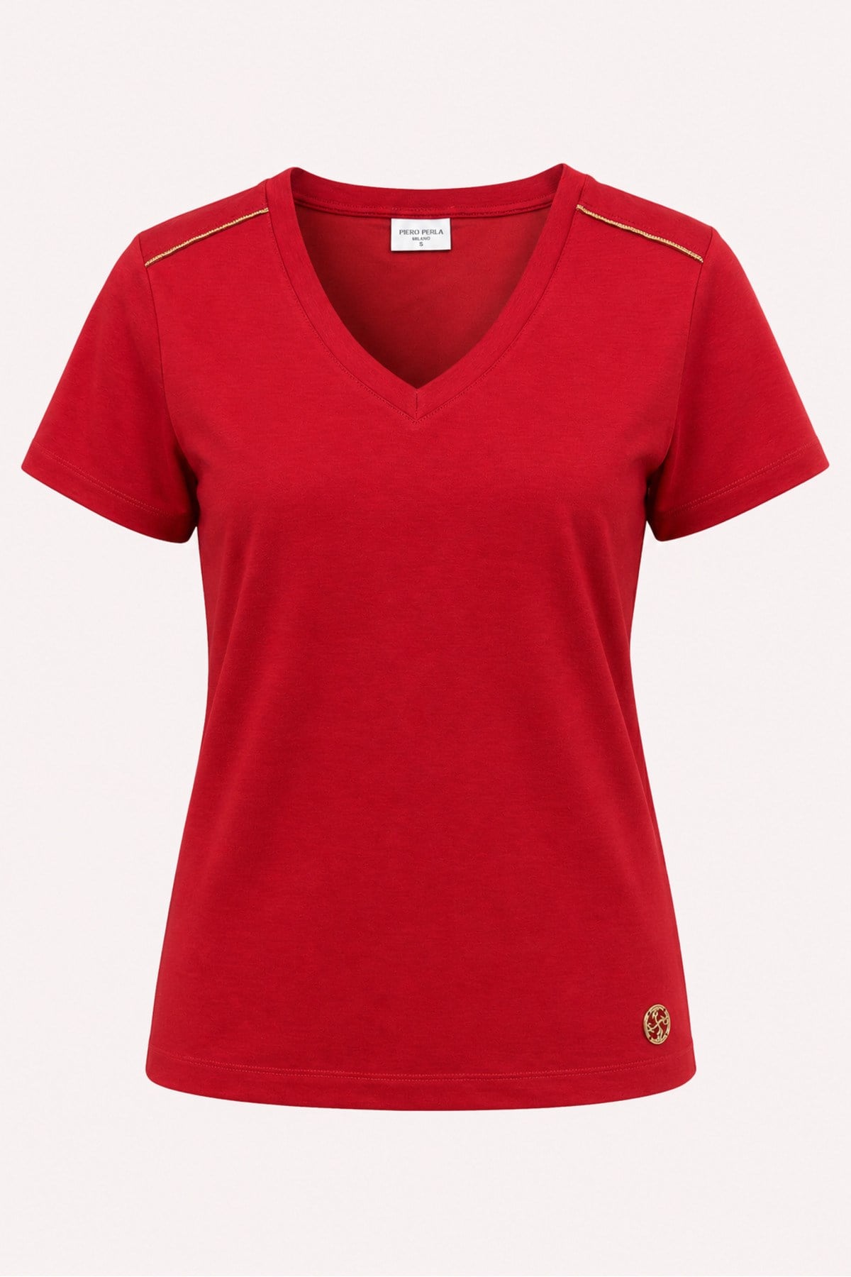 Metal Logo Detaylı Regular Fit Kadın V Yaka T-Shirt